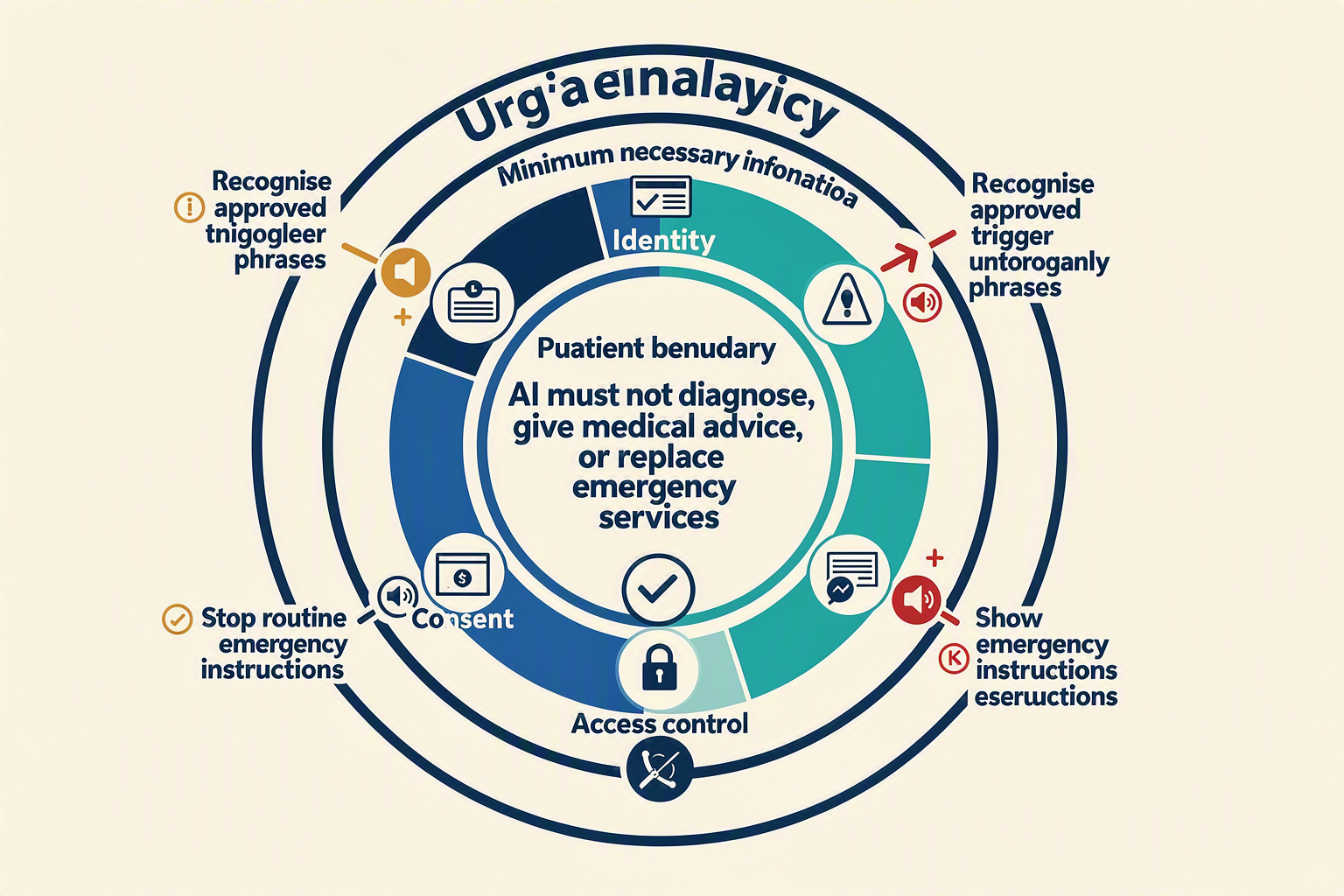 A safety-boundary infographic titled PRIVACY, URGENCY, AND HUMAN HANDOFF designed as three concentric protection rings