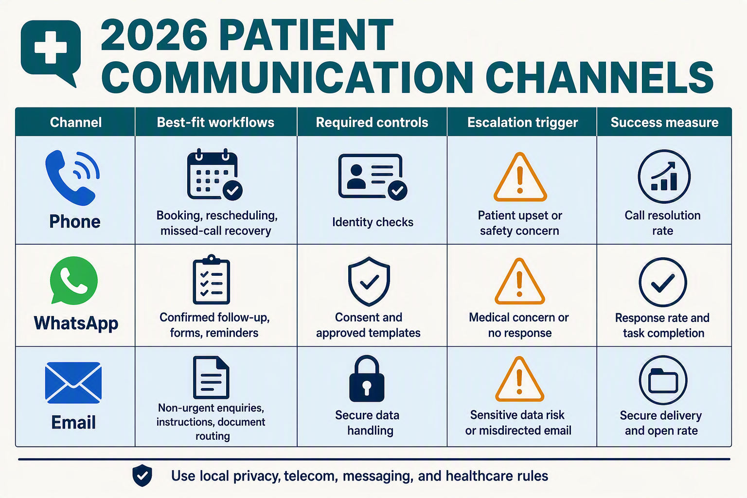 A detailed comparison-table infographic titled 2026 PATIENT COMMUNICATION CHANNELS with columns labelled Channel, Best-fit