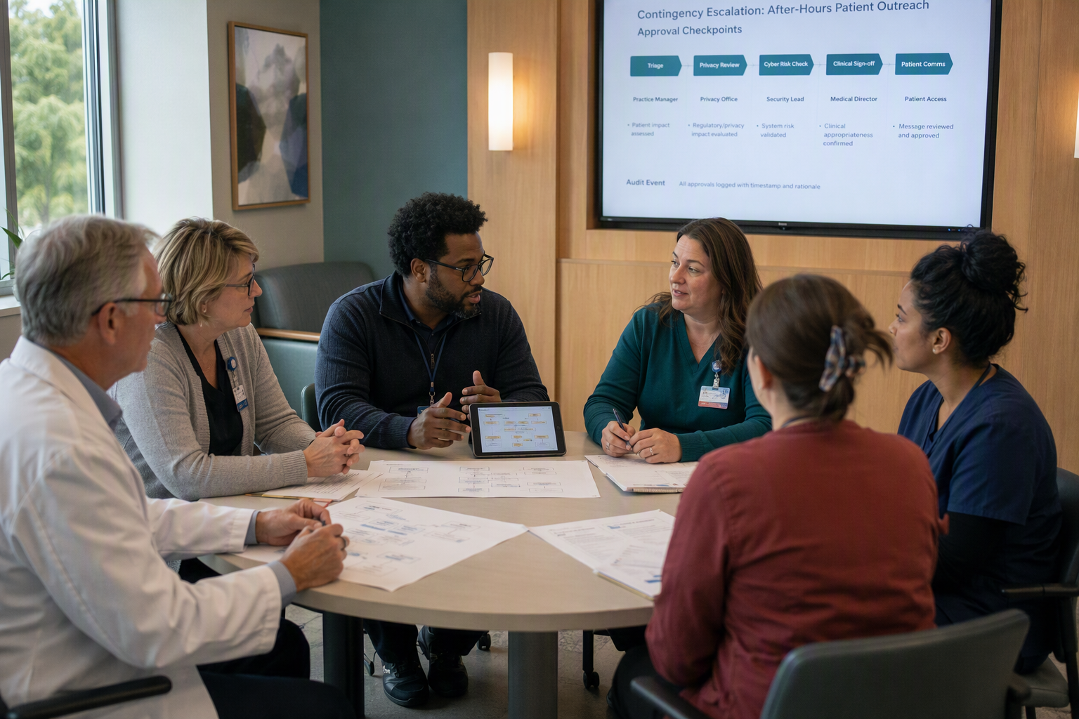 A multidisciplinary governance meeting in a bright clinic conference room, with a medical director, privacy officer,