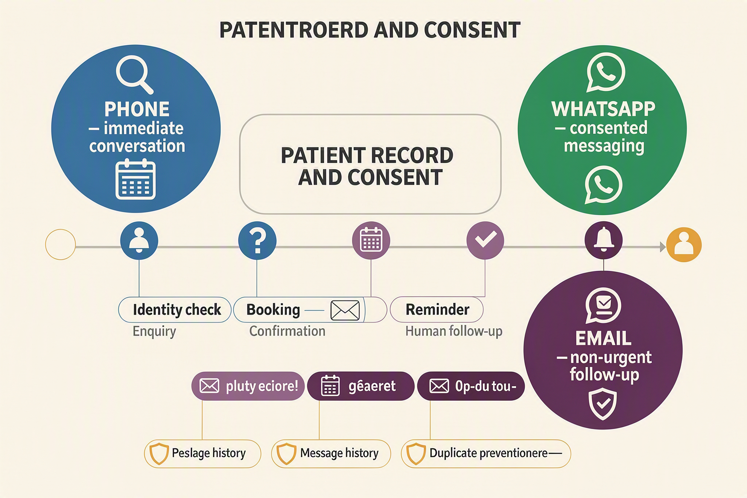 A channel-orchestration infographic titled ONE PATIENT JOURNEY, THREE CHANNELS showing a circular flow around a central card