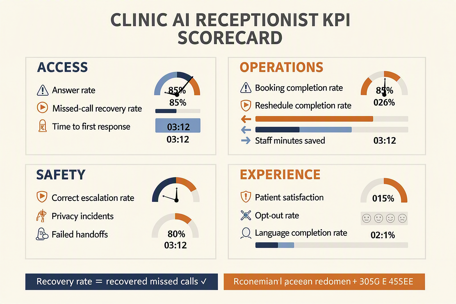 A balanced scorecard infographic titled CLINIC AI RECEPTIONIST KPI SCORECARD divided into four equal quadrants