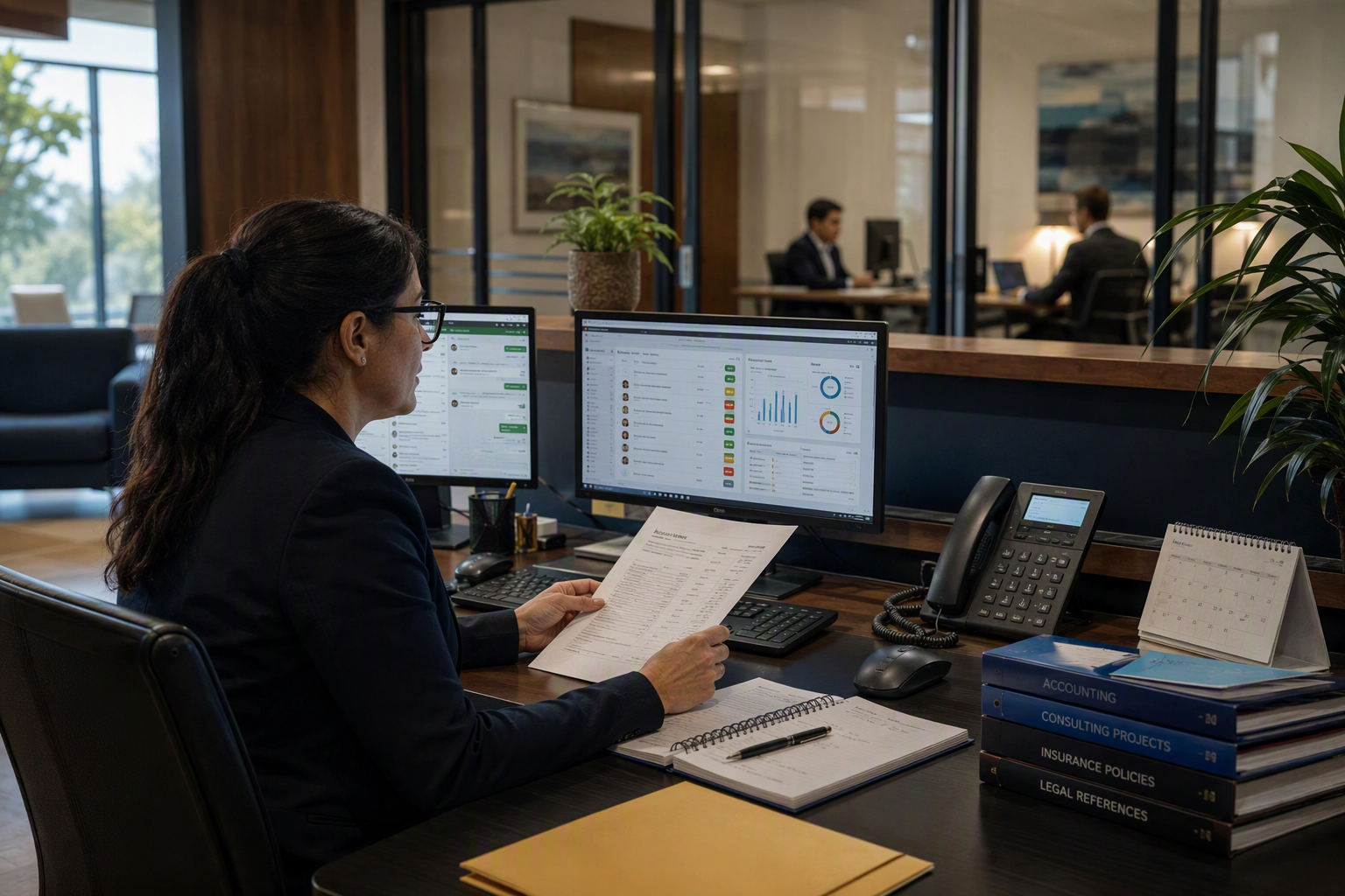An early-morning professional office reception area where a human receptionist supervises several incoming channels on a
