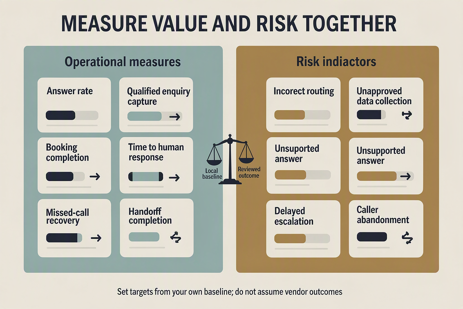 A balanced scorecard infographic titled MEASURE VALUE AND RISK TOGETHER split into two equal halves