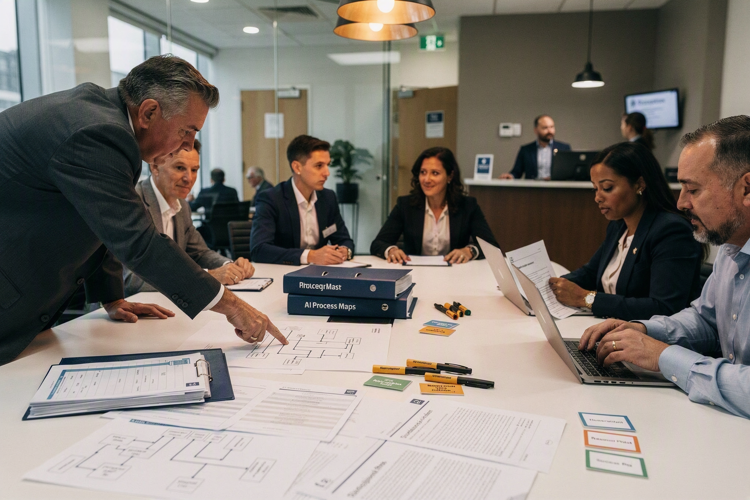 A multidisciplinary governance workshop in a modern boardroom, with a privacy adviser, information-security lead,