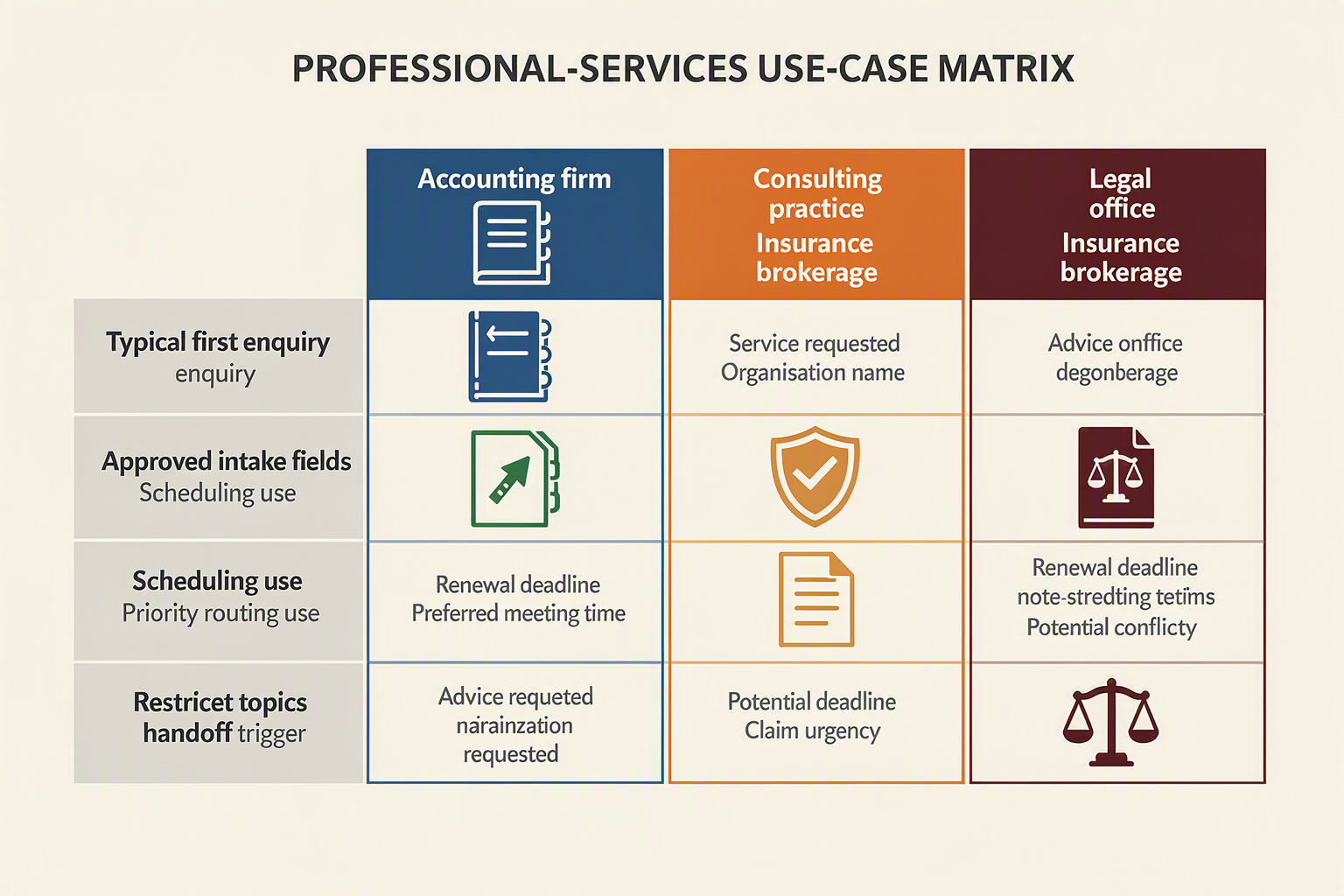 A four-column use-case matrix titled PROFESSIONAL-SERVICES USE-CASE MATRIX