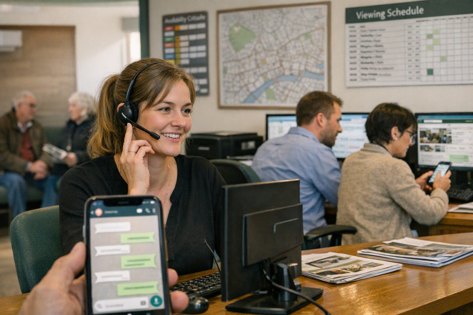 Inside a busy multilingual estate agency during a bright weekday morning, a receptionist wearing a headset speaks with a