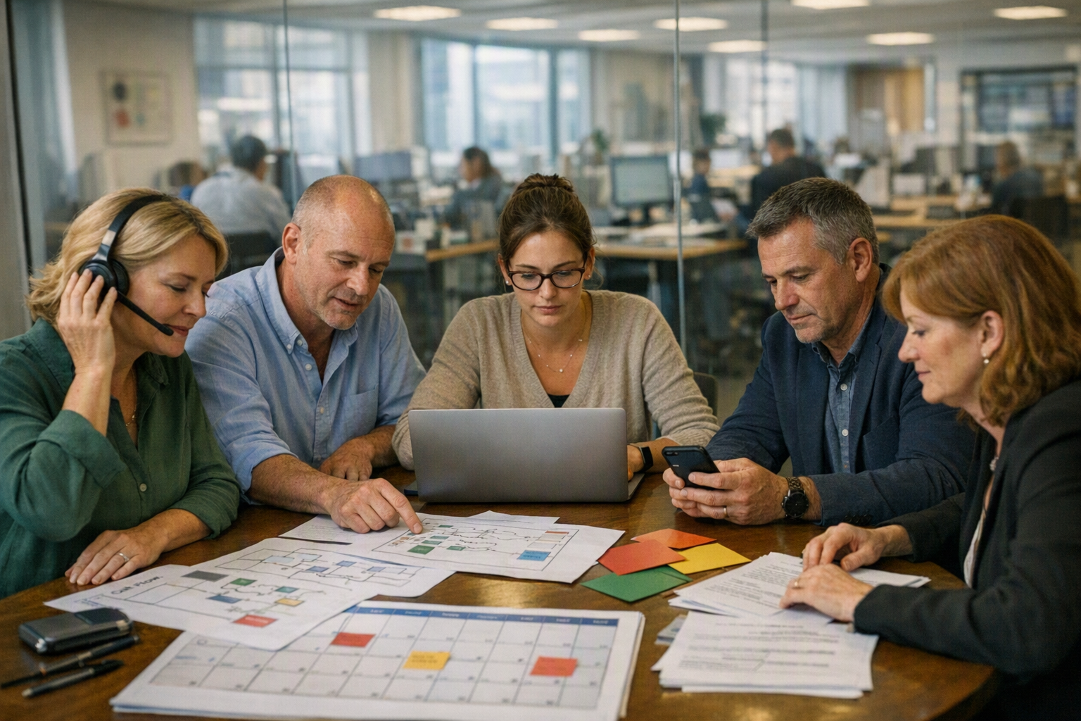 A collaborative implementation workshop in a real estate agency meeting room, showing an operations lead, experienced