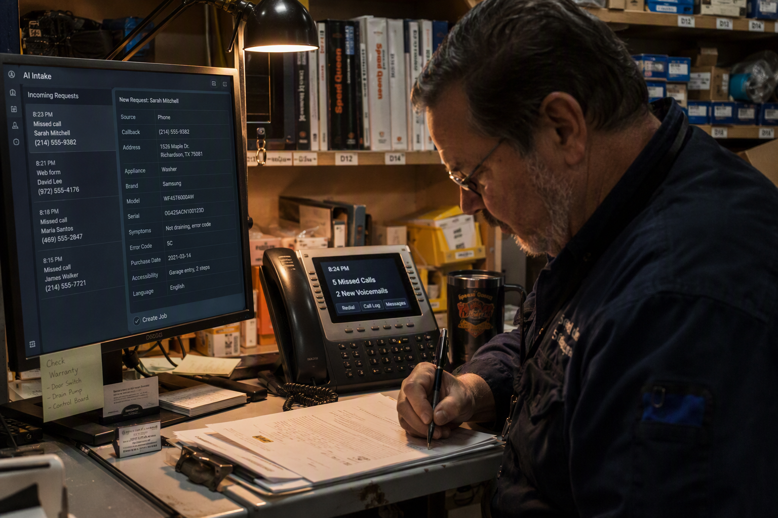 An evening scene inside a locally owned appliance repair office after closing time, showing a glowing desk phone receiving