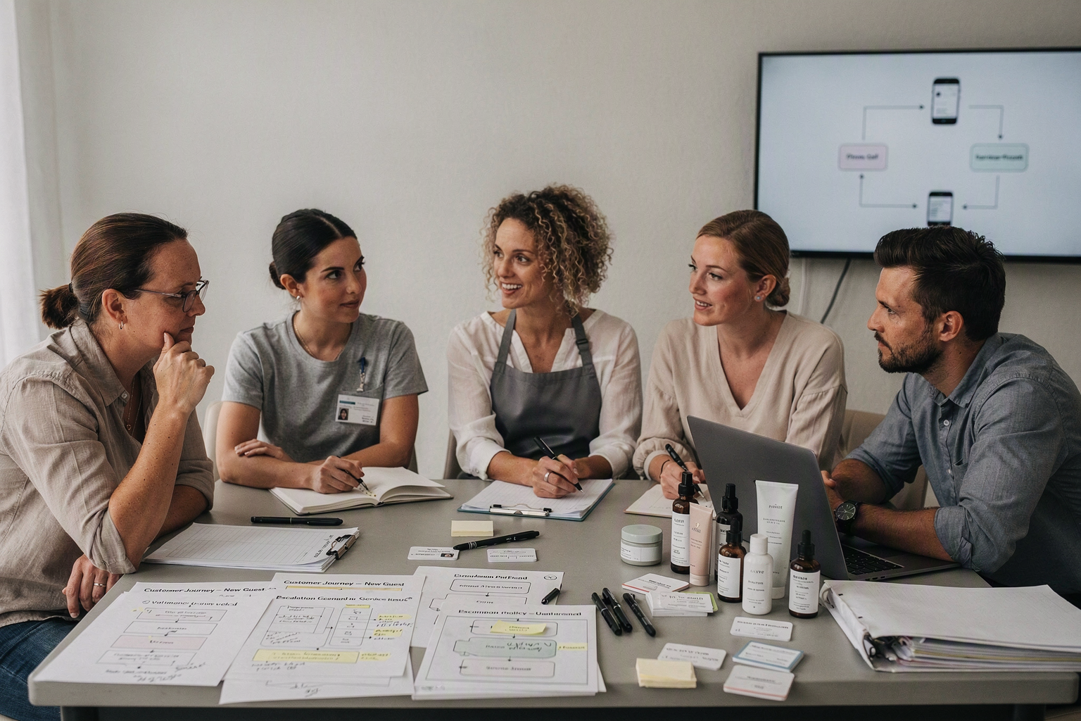 A collaborative implementation workshop in a quiet salon training room, with a salon owner, front-desk manager, senior