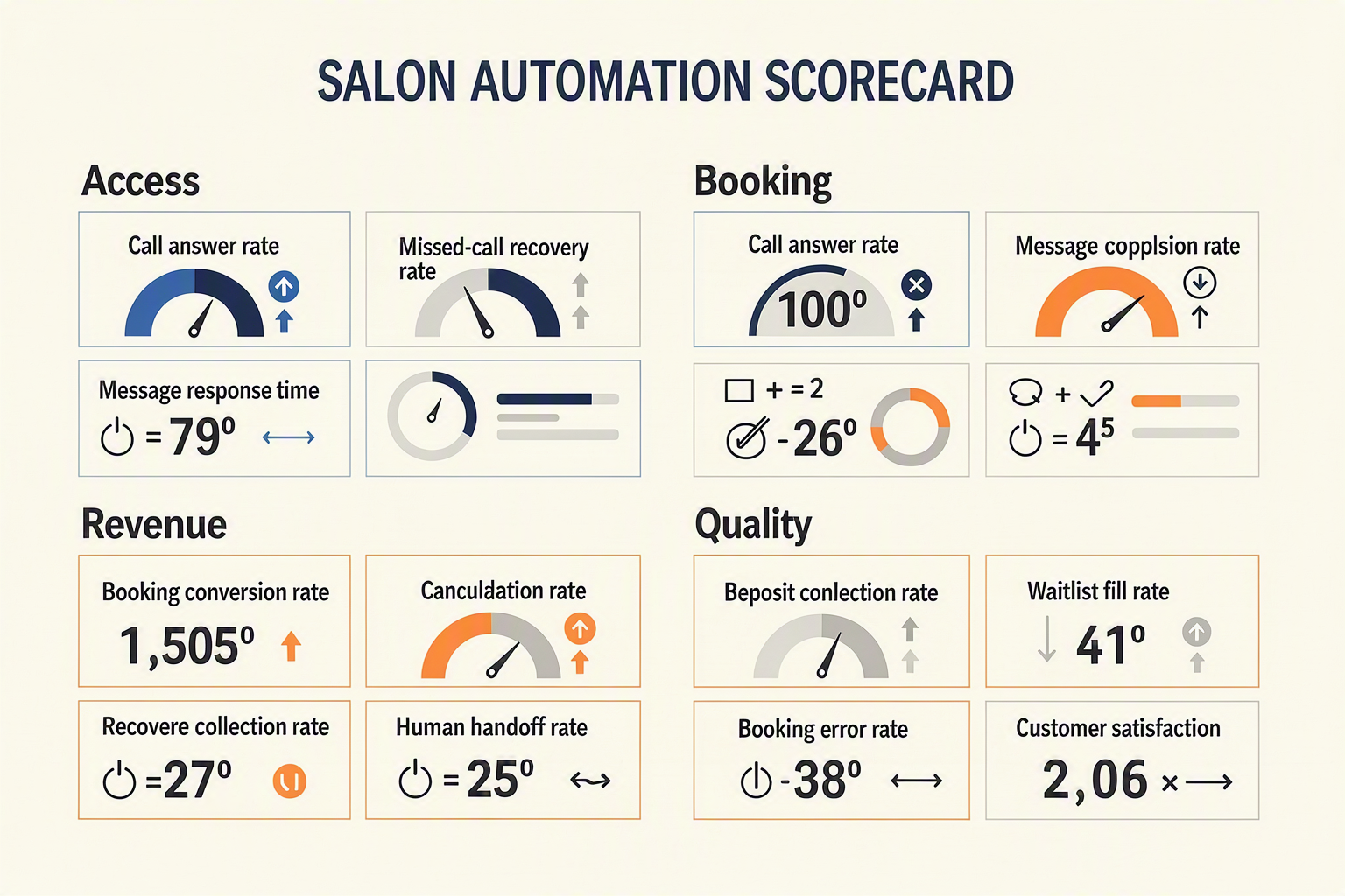 An executive KPI dashboard infographic titled SALON AUTOMATION SCORECARD divided into four balanced quadrants