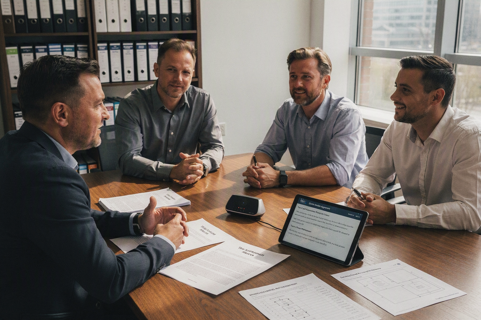 A small-business owner leads a due-diligence meeting around a wooden conference table with a telecom specialist, operations
