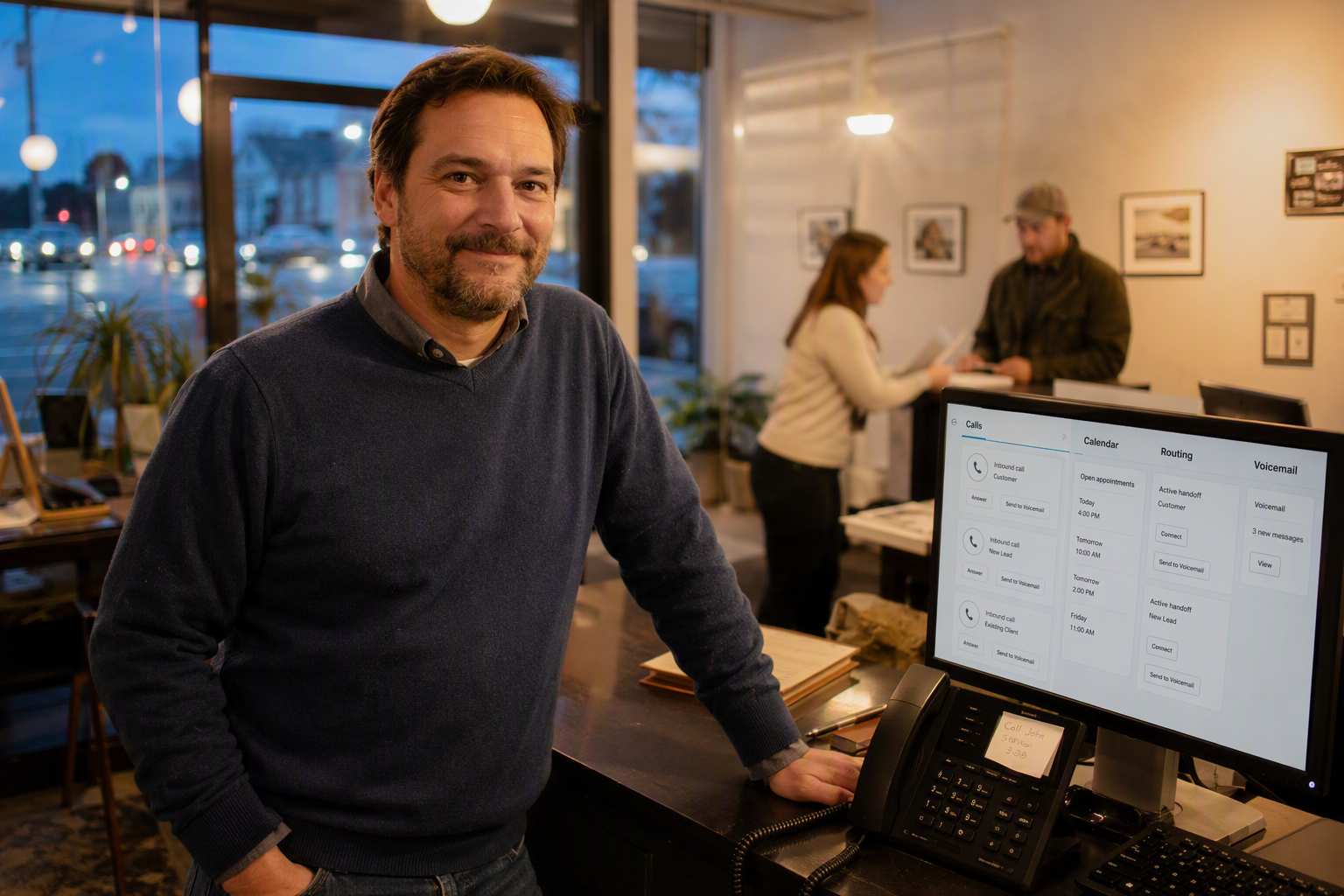 A neighborhood service-business owner stands between two contrasting reception workflows in a welcoming storefront office at
