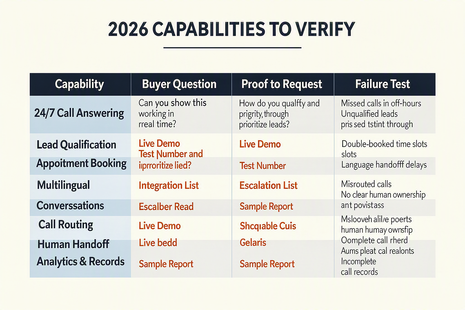 A detailed comparison-table infographic titled 2026 CAPABILITIES TO VERIFY with four column headings: Capability, Buyer