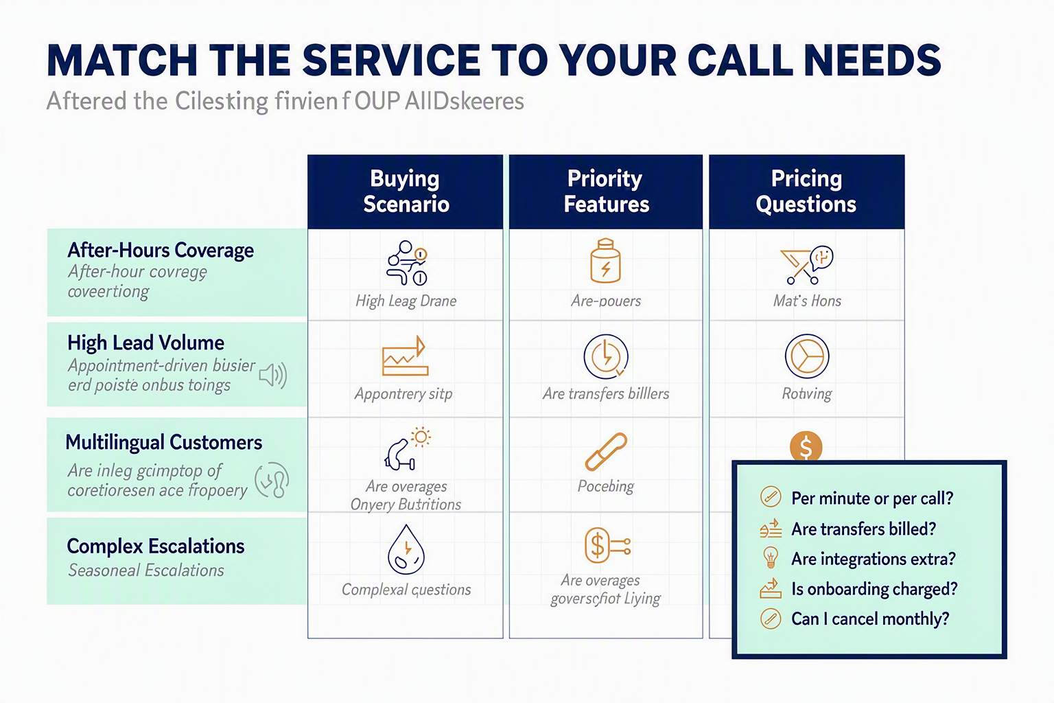 A buyer decision-matrix infographic titled MATCH THE SERVICE TO YOUR CALL NEEDS