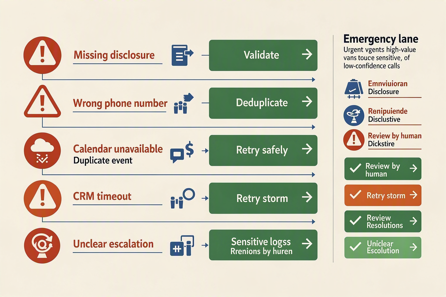A troubleshooting infographic styled as a control-room checklist, with eight illustrated failure scenarios connected to
