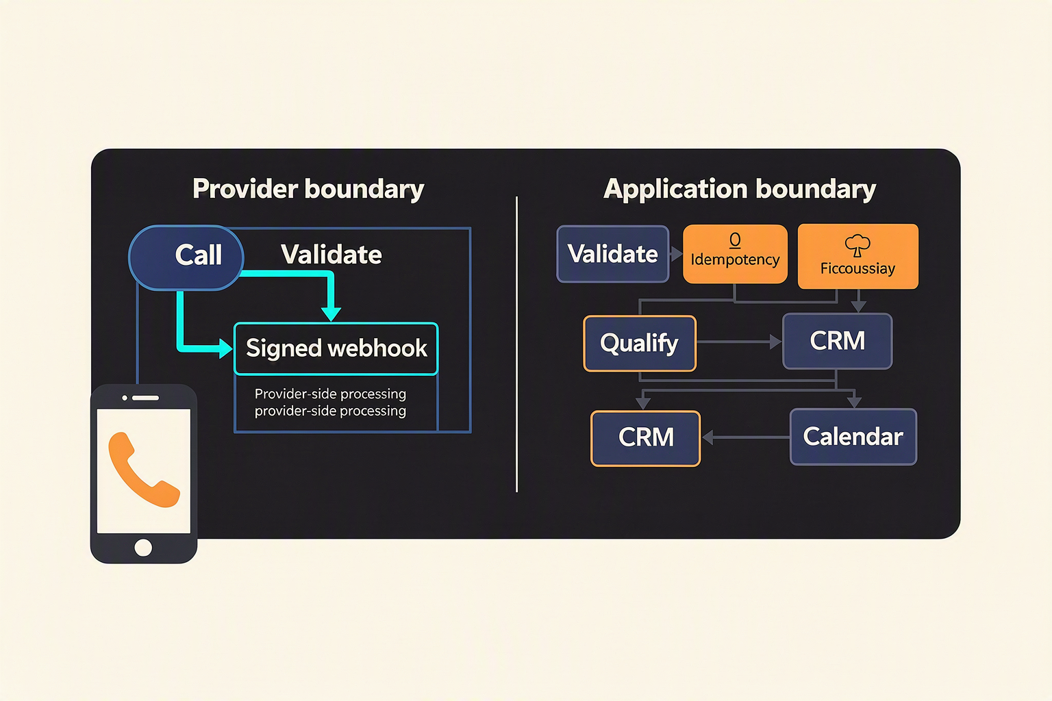 A detailed developer-focused architecture diagram on a dark terminal-inspired background, showing a phone call entering a