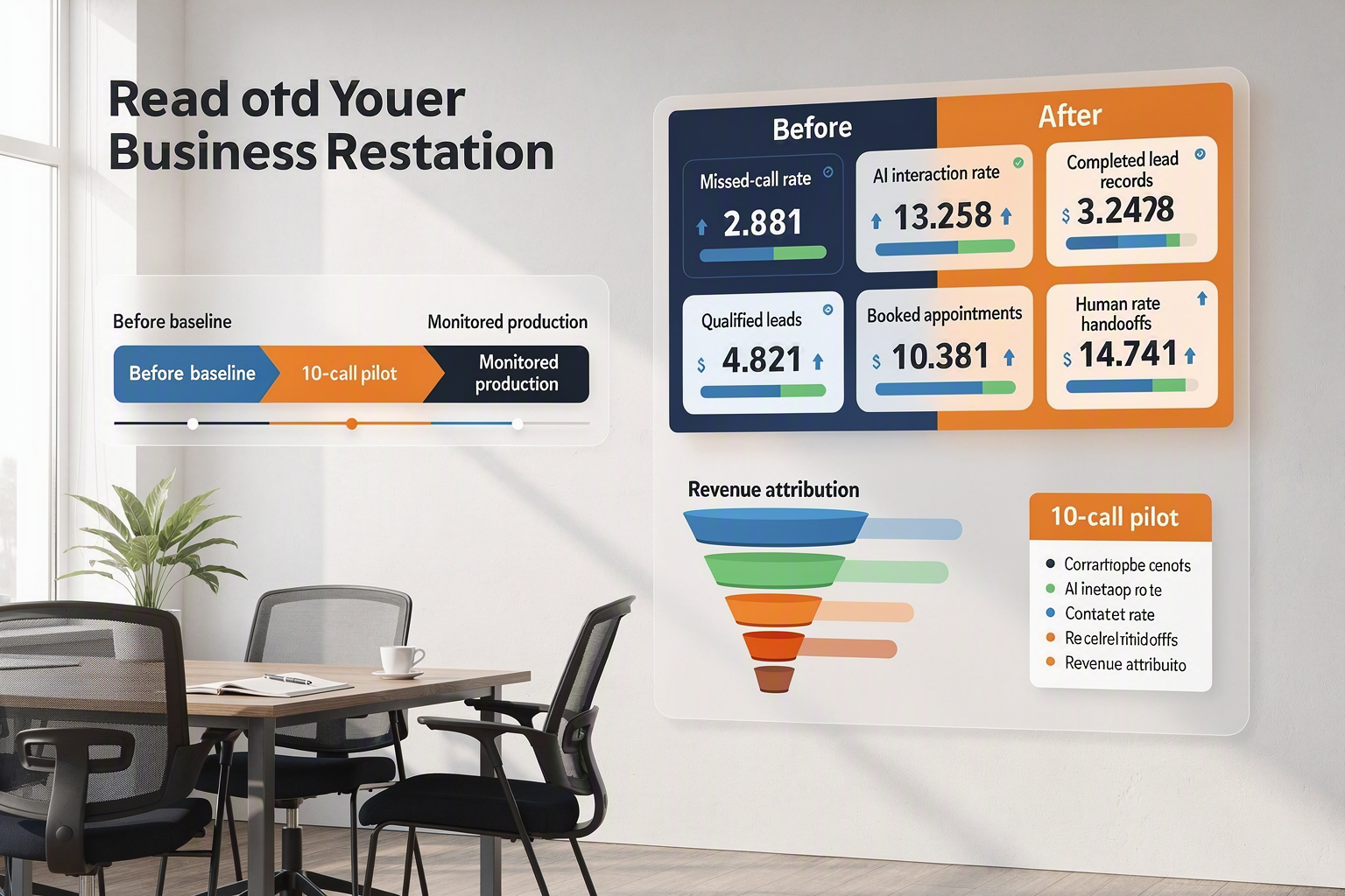A small-business growth review in a bright morning meeting room, with an owner and developer examining a large