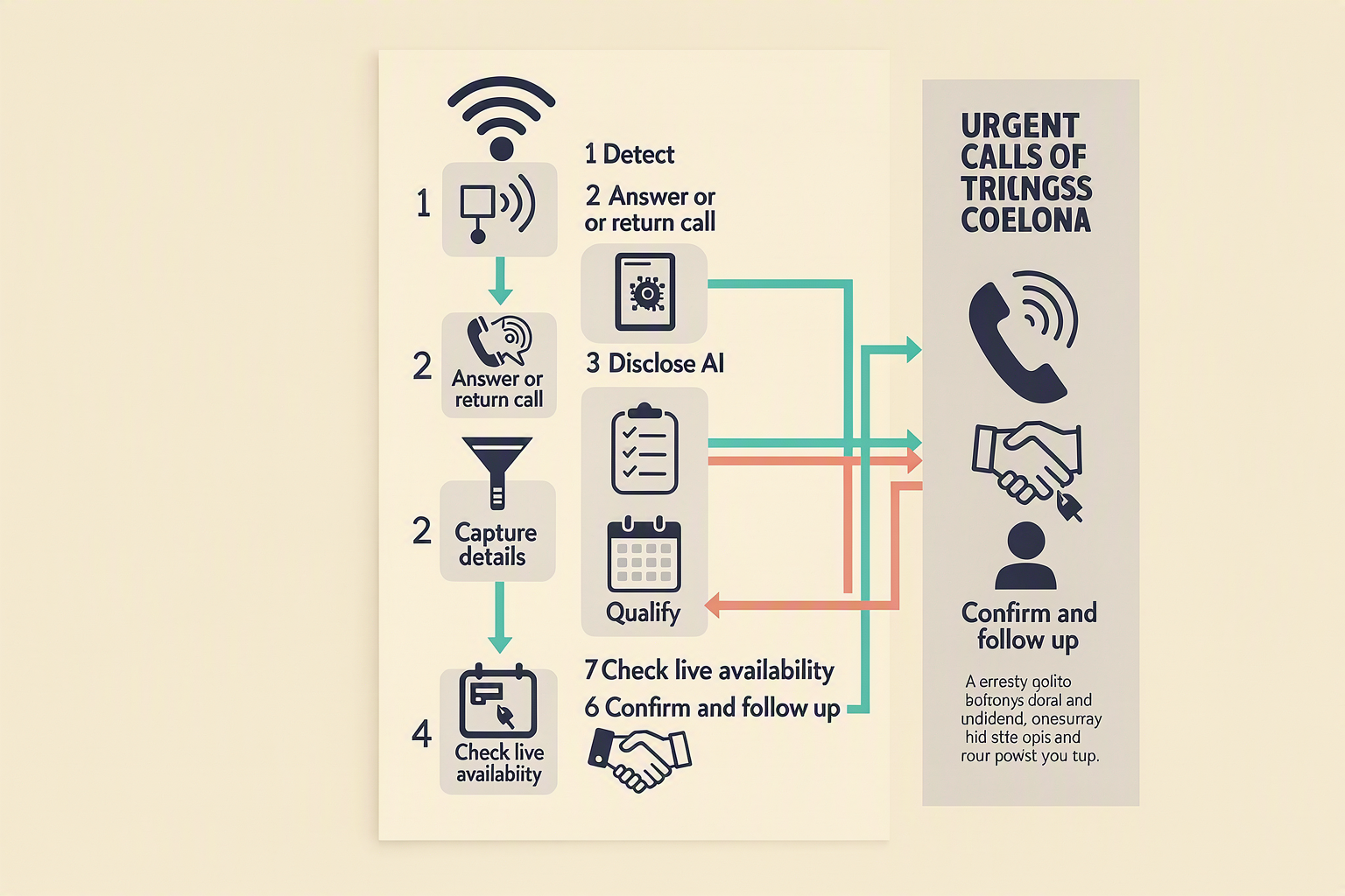 A vertical seven-step call-recovery journey displayed on a large wall-mounted operations board in a small-business