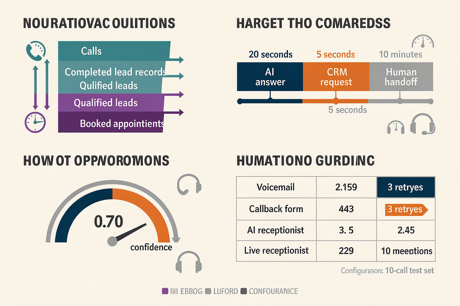 An operations dashboard infographic with four coordinated panels: a funnel from calls to completed lead records to qualified