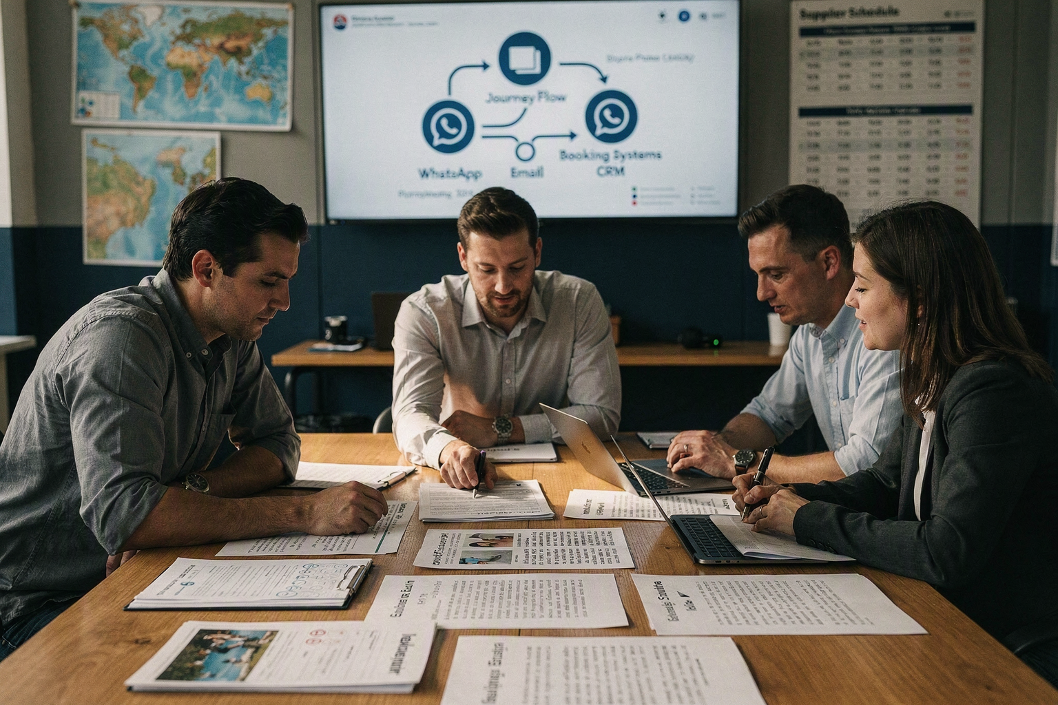 A collaborative workshop inside a modern tour operator headquarters, with a travel operations manager, customer-experience