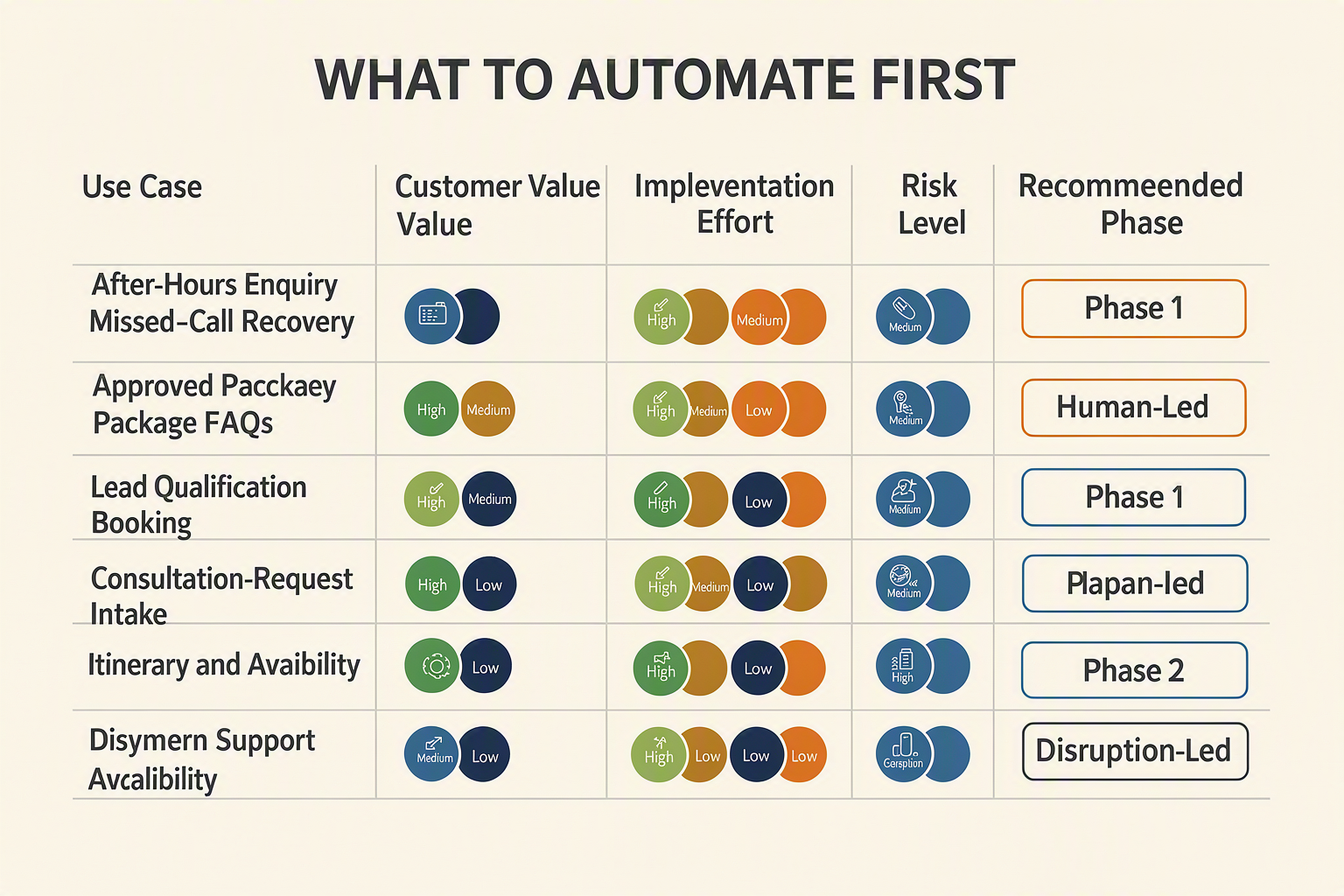 A prioritisation-table infographic titled WHAT TO AUTOMATE FIRST with columns labelled Use Case, Customer Value,
