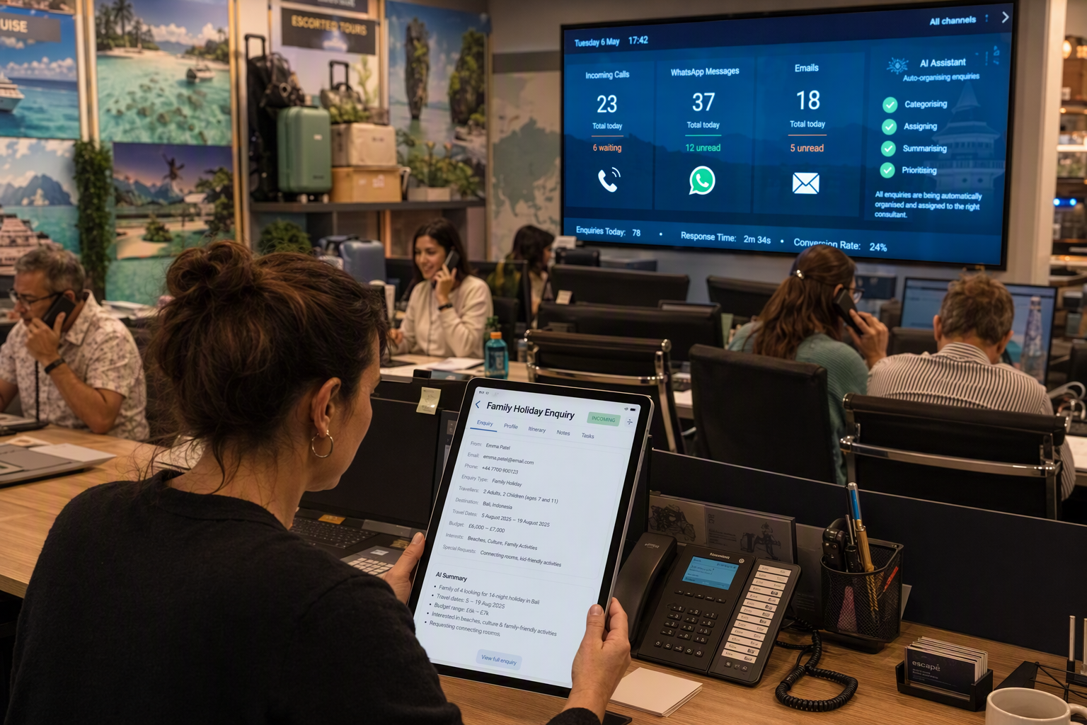 A busy independent travel agency in the early evening as consultants assist customers at desks while a wall display shows