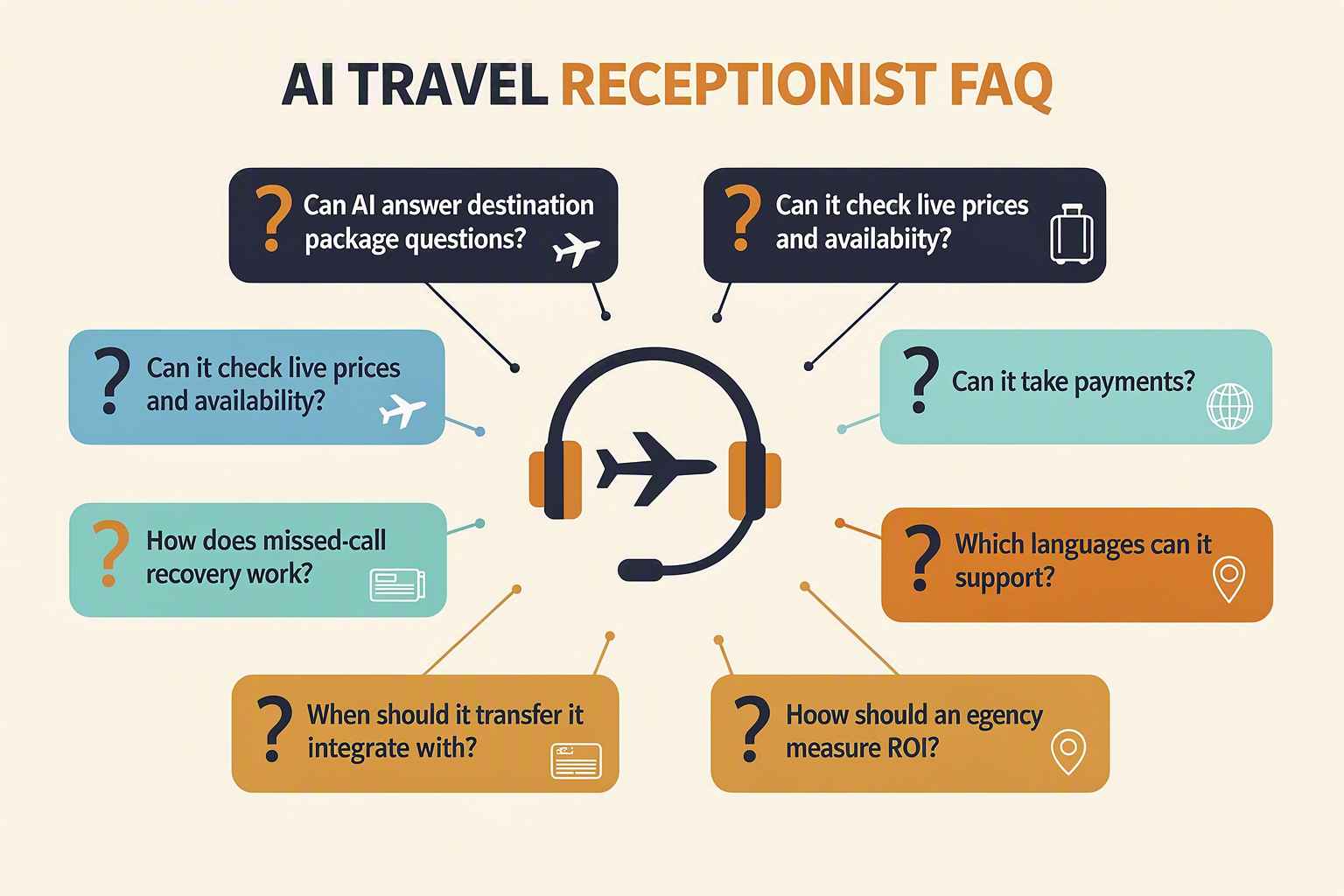 A structured FAQ infographic titled AI TRAVEL RECEPTIONIST FAQ with eight rounded question cards arranged around a central