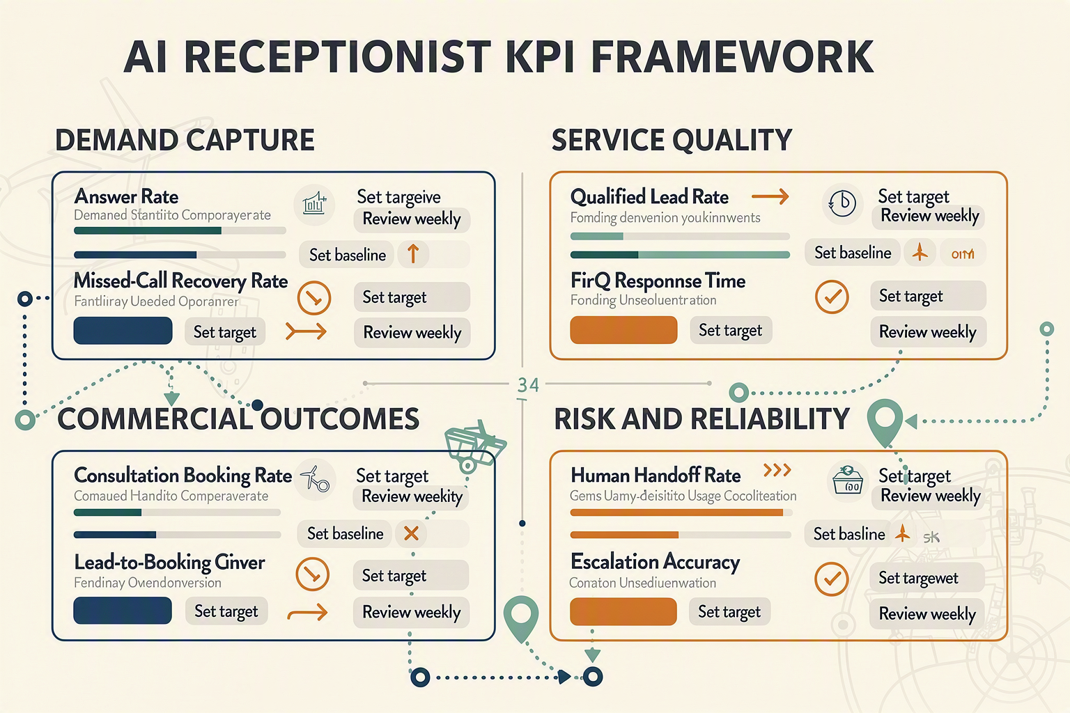 An executive travel-operations scorecard titled AI RECEPTIONIST KPI FRAMEWORK arranged as four quadrants
