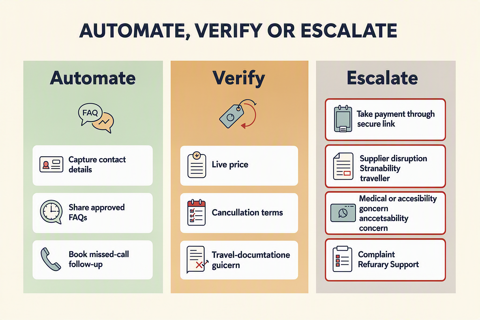 A safety-boundary matrix infographic titled AUTOMATE, VERIFY OR ESCALATE with three vertical zones