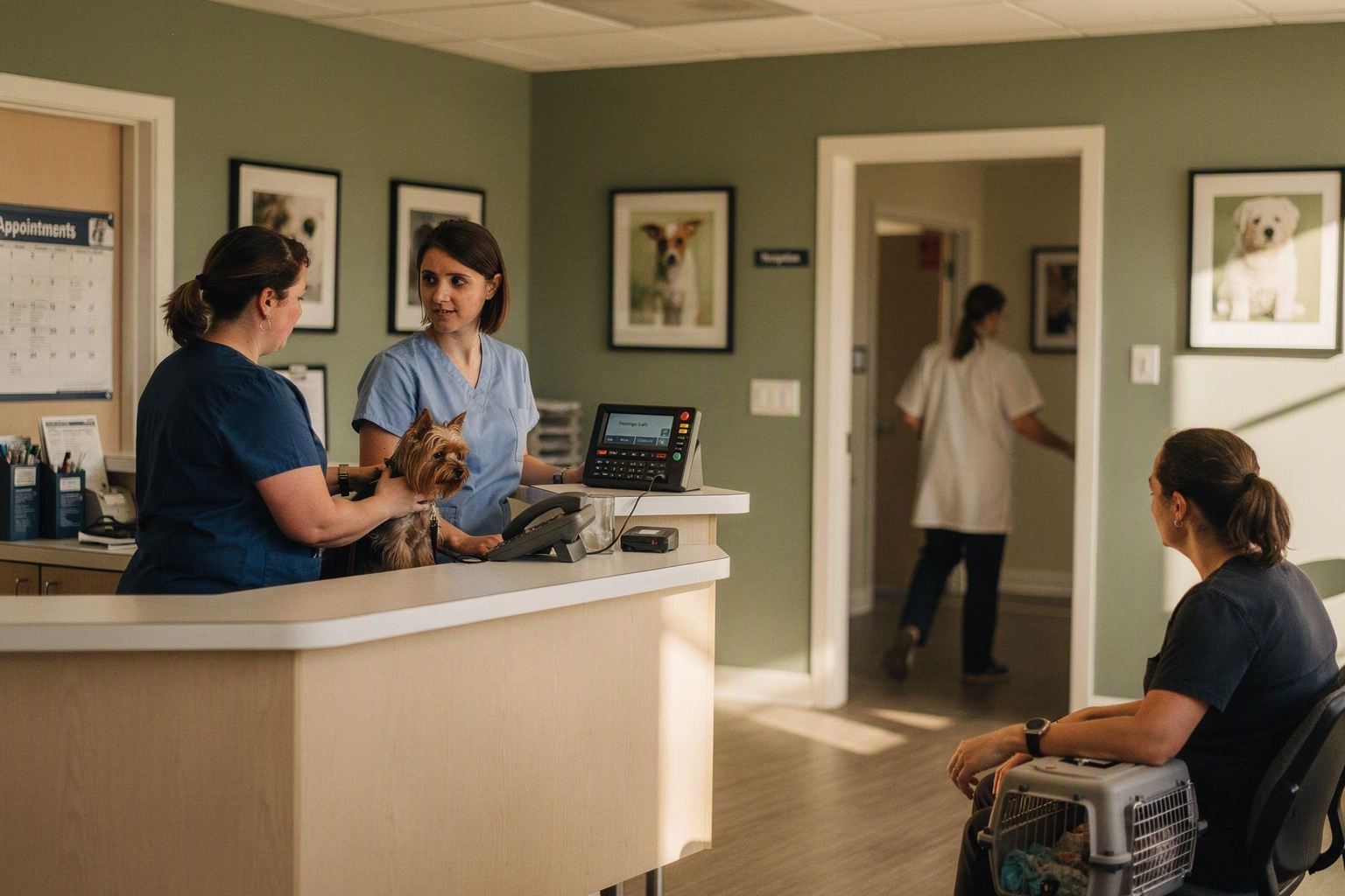 A busy veterinary reception during the late-afternoon rush: a front-desk professional supports an owner checking in with a