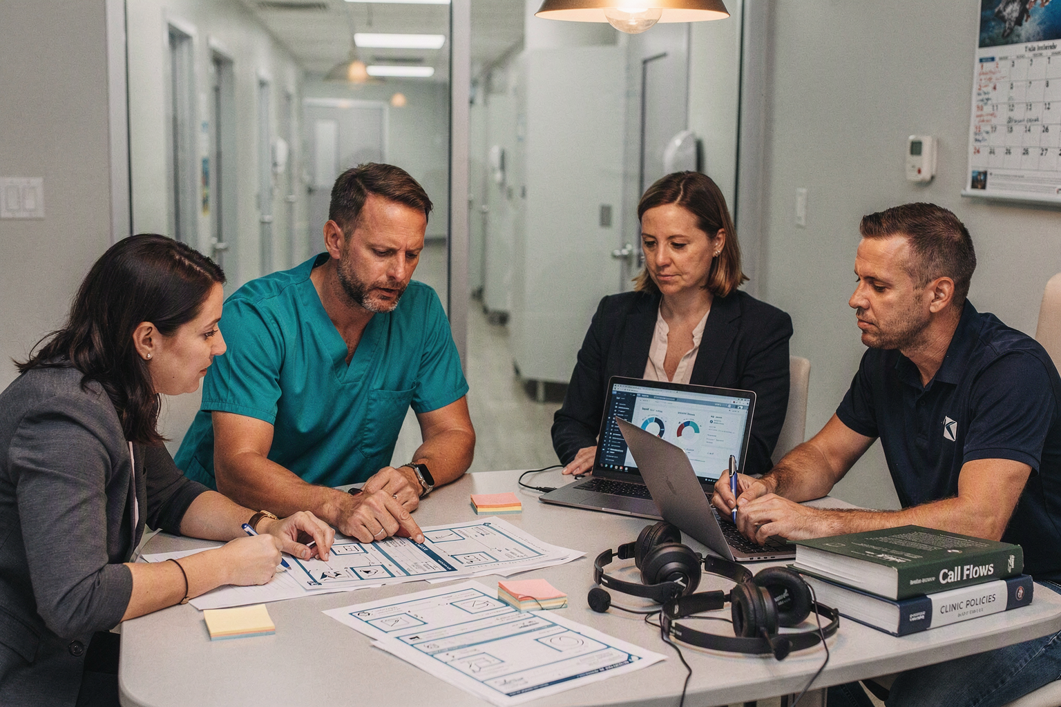 A veterinary governance workshop in a bright clinic conference room, with a veterinarian in scrubs, a practice manager, a