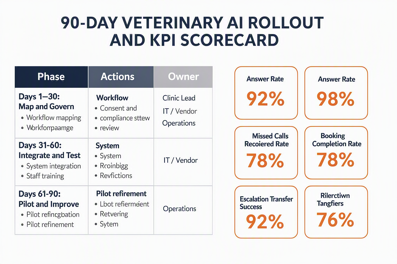 A two-part implementation infographic titled 90-DAY VETERINARY AI ROLLOUT AND KPI SCORECARD