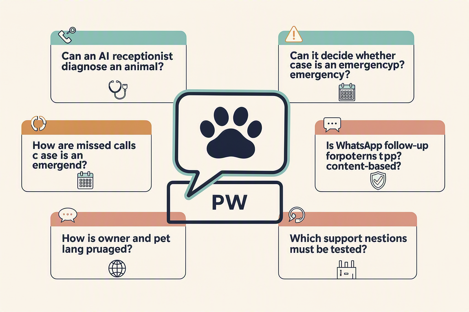 A structured FAQ infographic titled VETERINARY AI RECEPTIONIST FAQ arranged as eight distinct question cards around a