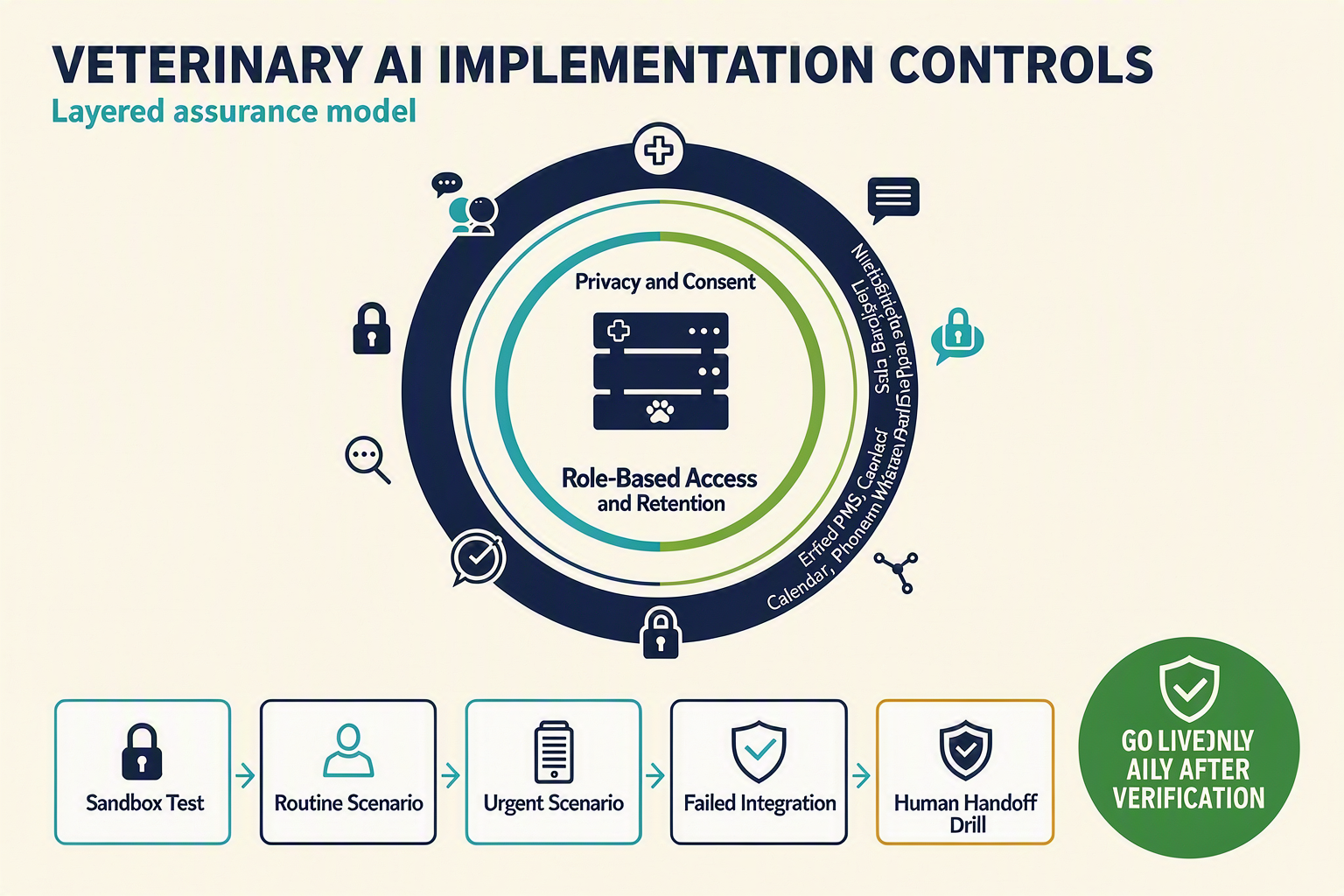 A layered assurance-model infographic titled VETERINARY AI IMPLEMENTATION CONTROLS