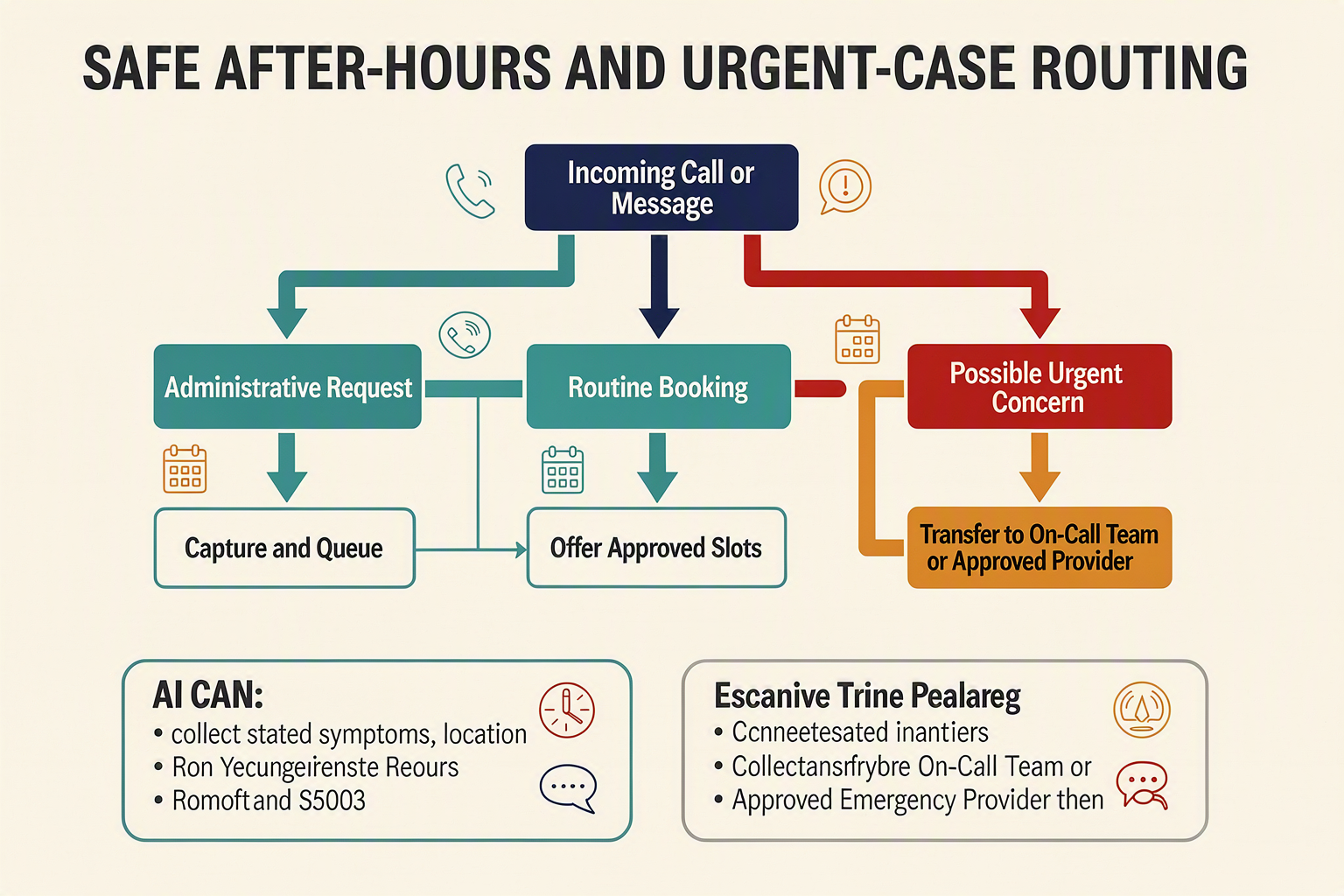 A branching decision-tree infographic titled SAFE AFTER-HOURS AND URGENT-CASE ROUTING beginning with Incoming Call or Message
