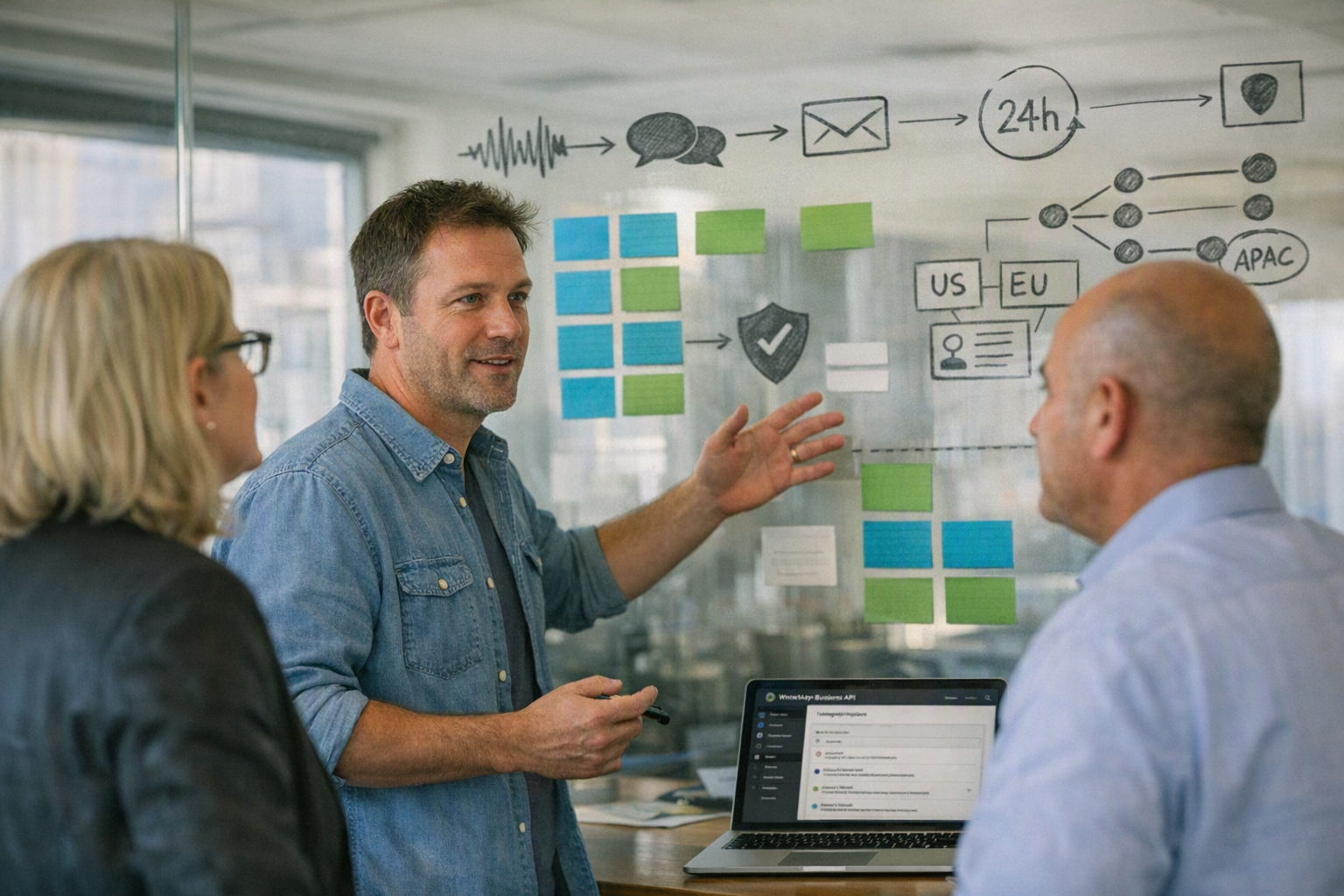 A customer-experience architect in a bright planning room mapping a voice-to-messaging journey on a large glass wall