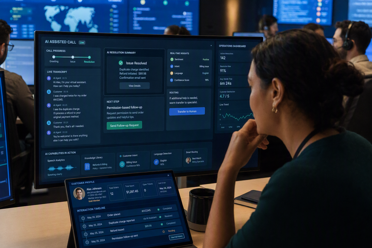 Inside a bright customer-support command center, a service operations lead watches an AI-assisted inbound call move from