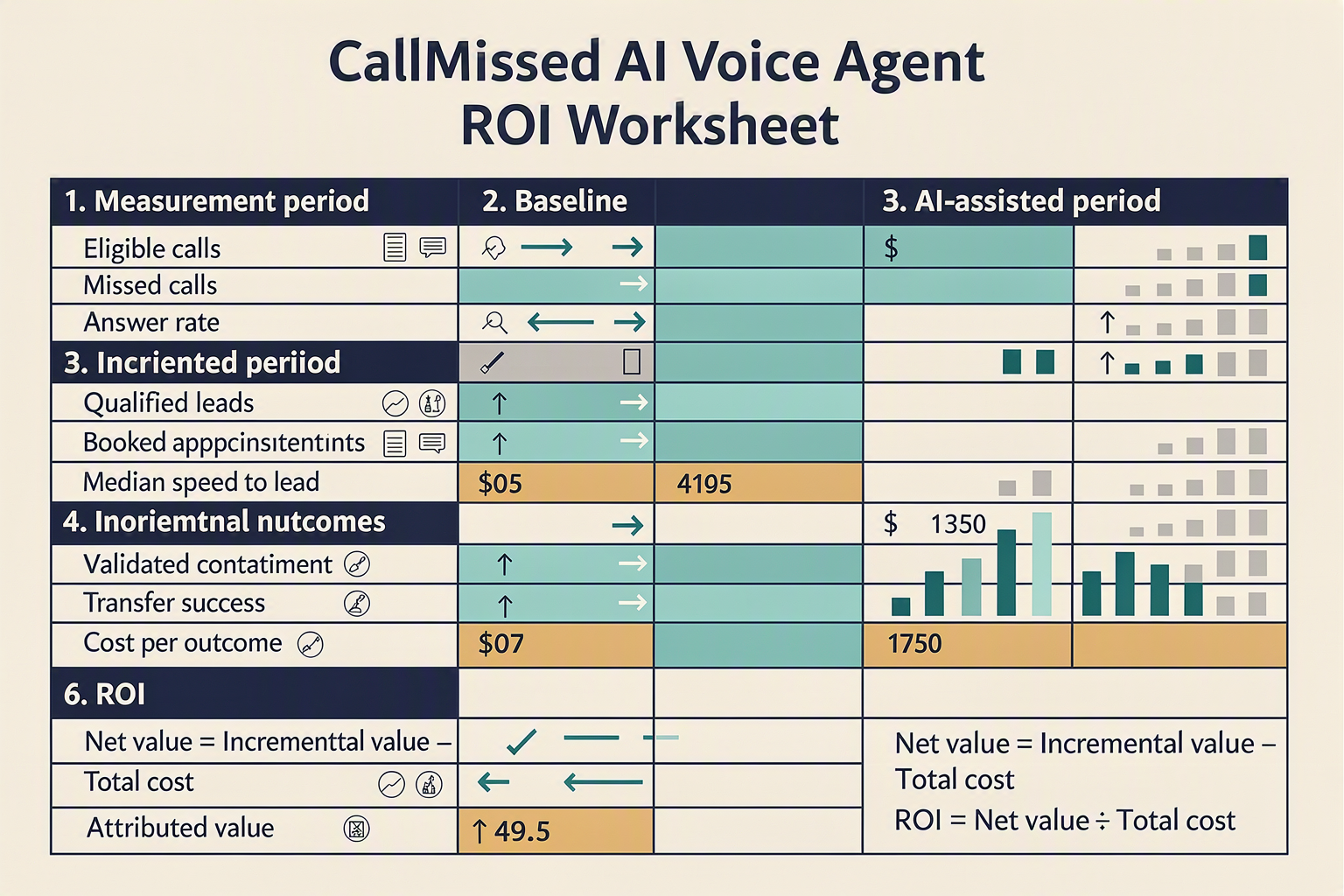 A detailed worksheet infographic titled CallMissed AI Voice Agent ROI Worksheet