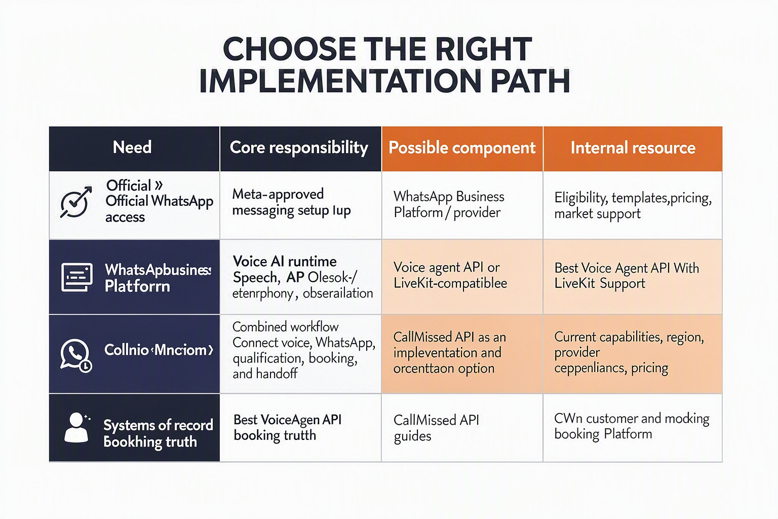 A decision-table infographic titled CHOOSE THE RIGHT IMPLEMENTATION PATH with columns labelled Need, Core responsibility,