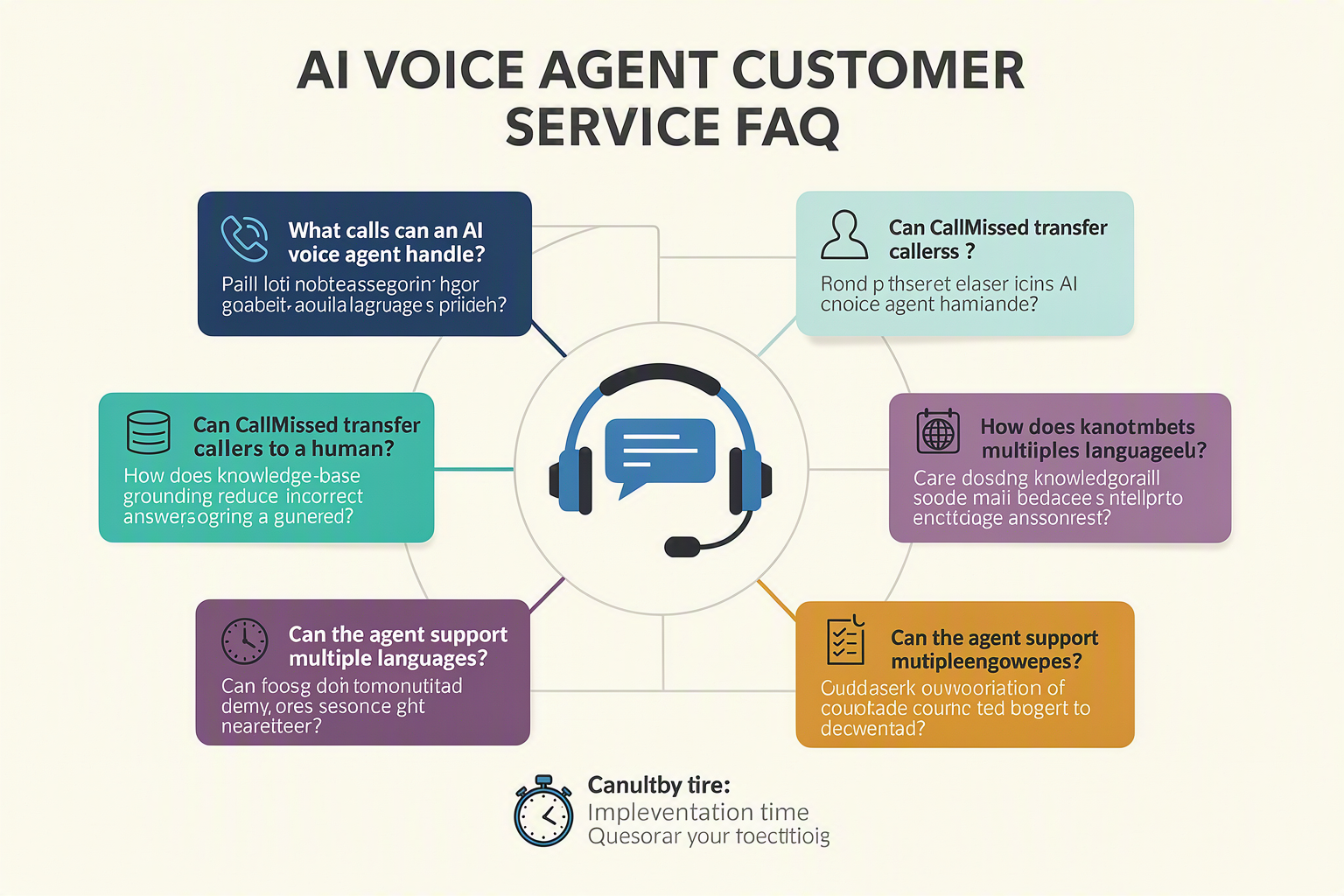 A clean FAQ knowledge-map infographic titled AI VOICE AGENT CUSTOMER SERVICE FAQ with eight connected question cards