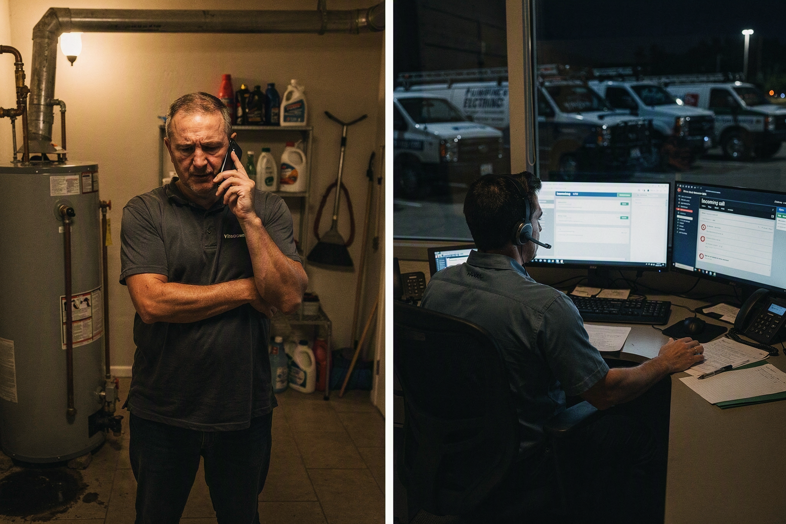A split-scene editorial photograph set after business hours