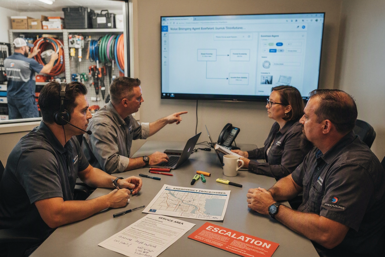 A collaborative operations-review scene inside a home-service company office