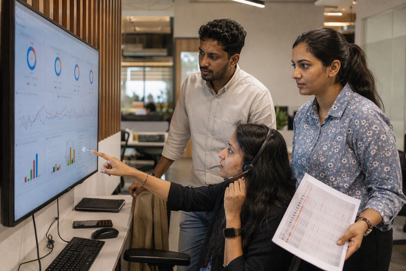 A cross-functional governance workshop in a glass-walled meeting room, where a customer-experience leader, contact-center