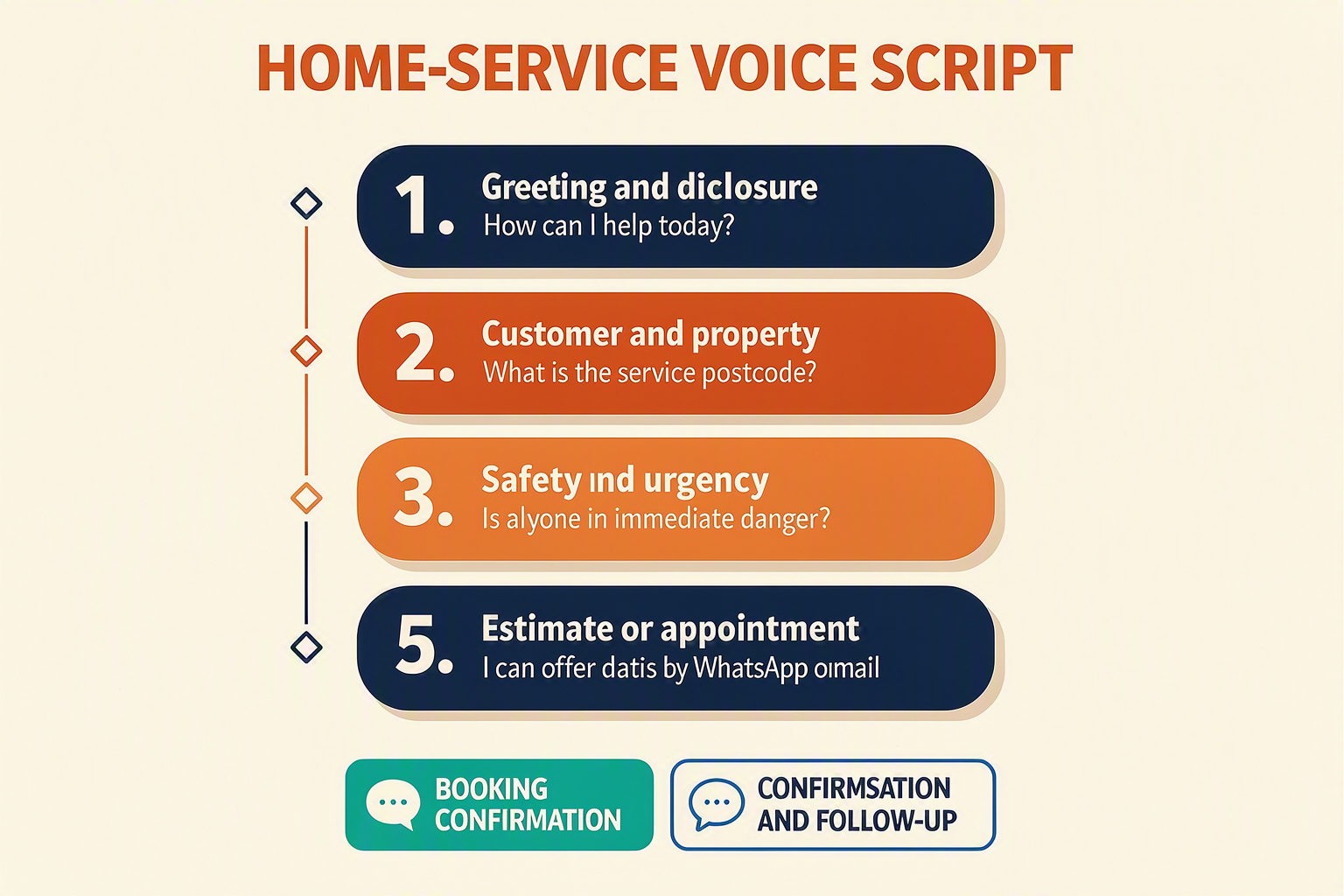 A script-building infographic designed as six stacked conversation cards under the title HOME-SERVICE VOICE SCRIPT