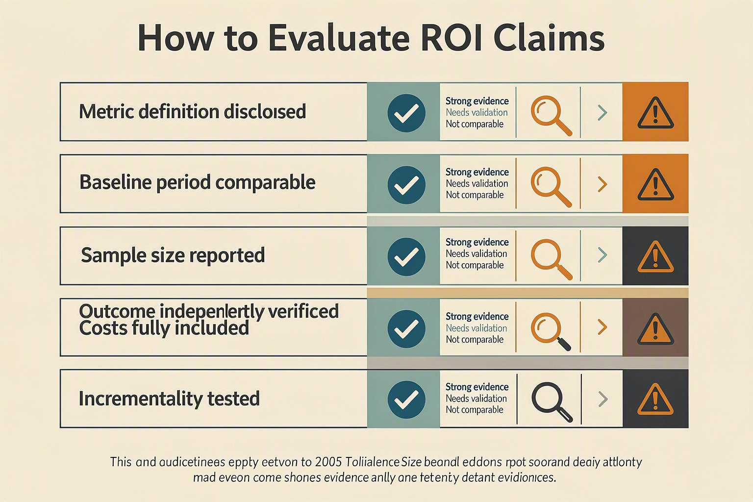 A rigorous evidence-review scorecard infographic titled How to Evaluate ROI Claims
