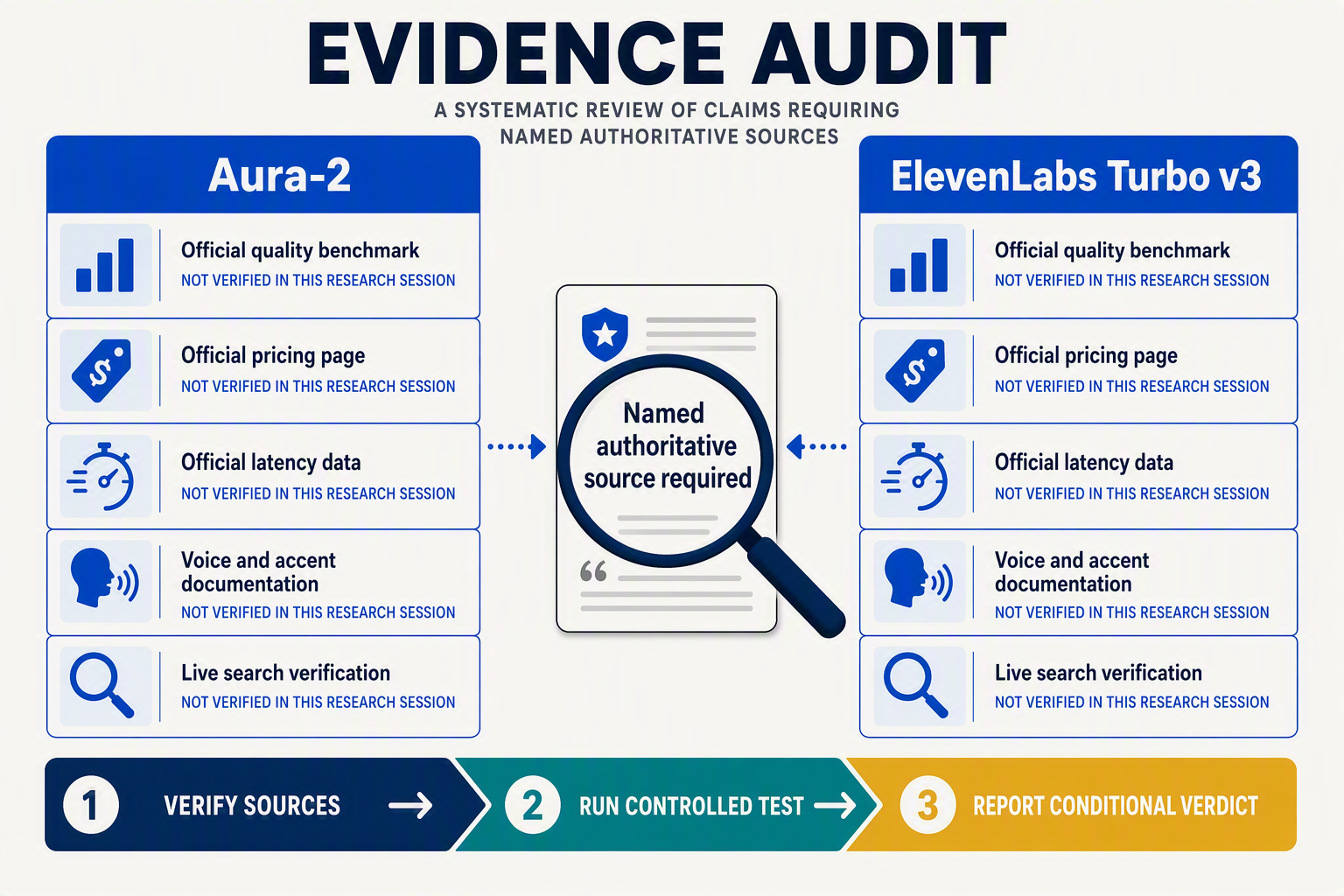 Design an evidence-audit infographic with two vertical columns labeled Aura-2 and ElevenLabs Turbo v3