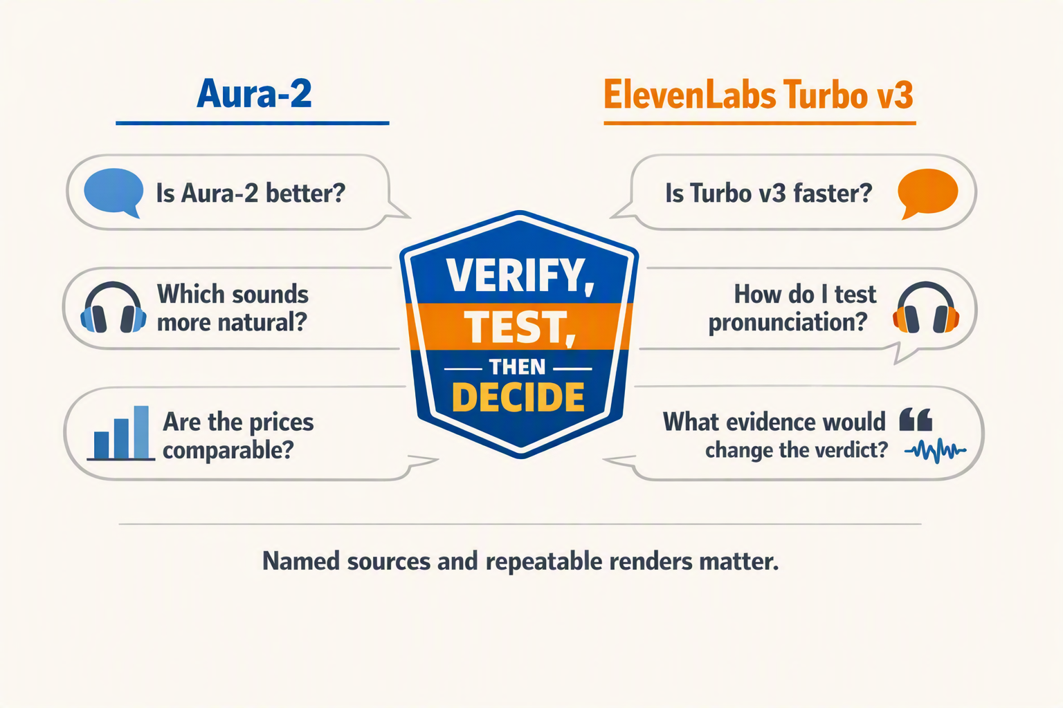 Create a clean FAQ infographic with two audio-model columns labeled Aura-2 and ElevenLabs Turbo v3 surrounding six question