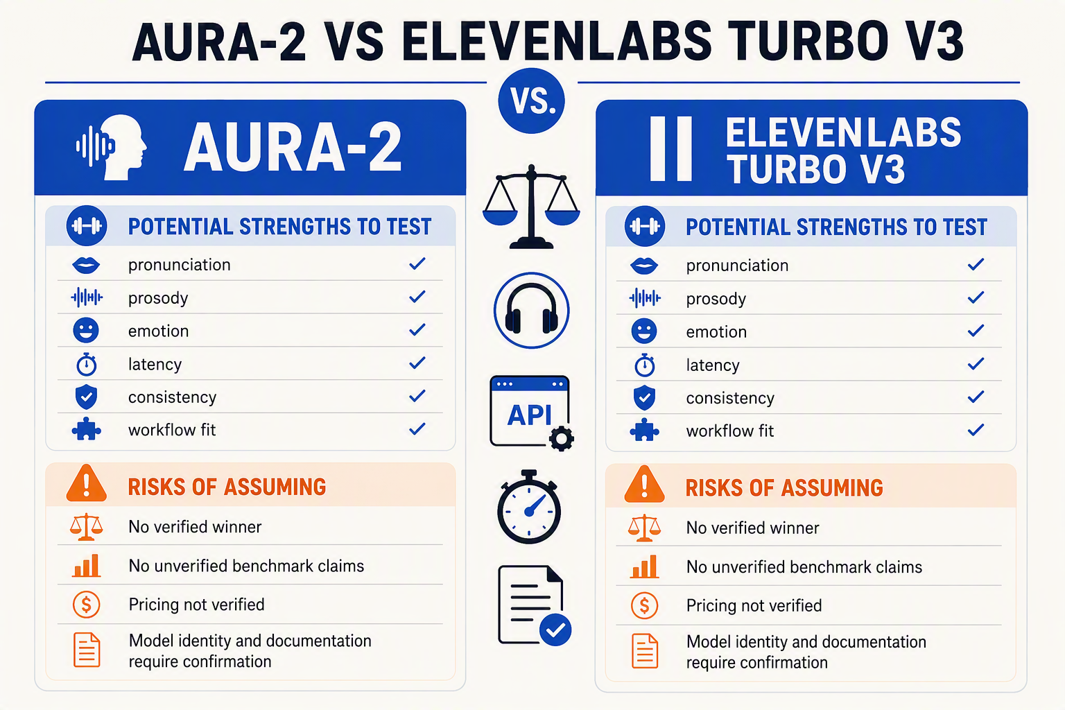 Create a balanced versus pros-and-cons infographic with two large columns labeled Aura-2 and ElevenLabs Turbo v3