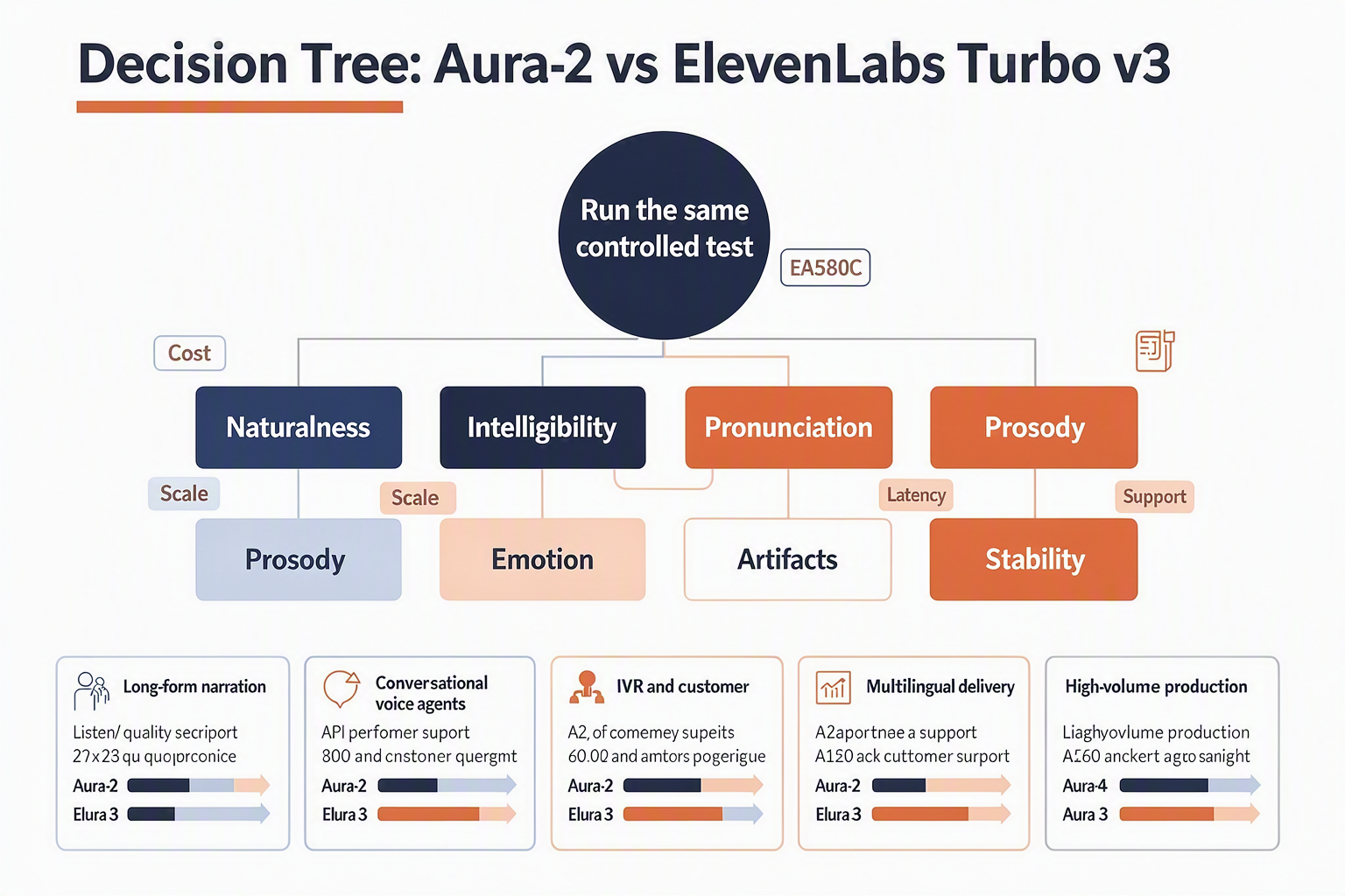 Design a decision-tree infographic comparing Aura-2 and ElevenLabs Turbo v3 across five workload cards labeled Long-form