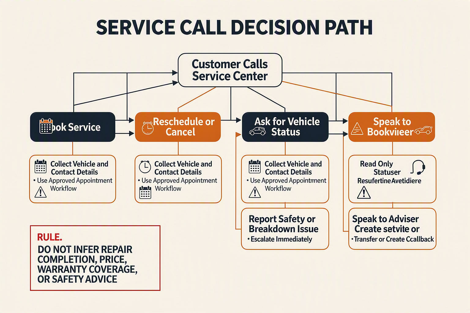 A branching decision-tree infographic titled SERVICE CALL DECISION PATH